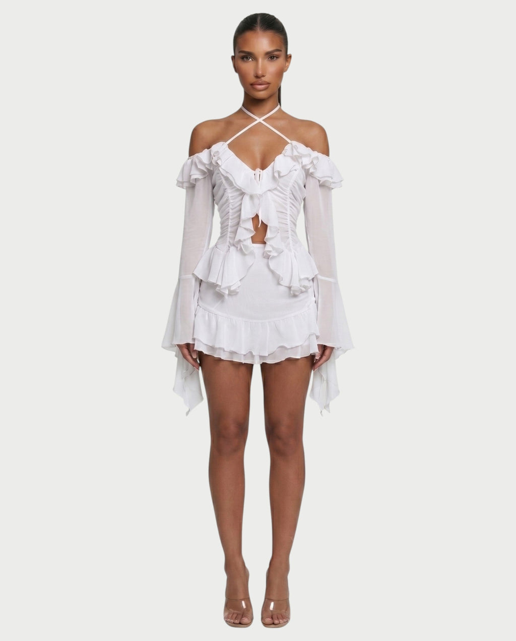 ZAFORA Ruched Chiffon Top & Ruffle Mini Skirt Set