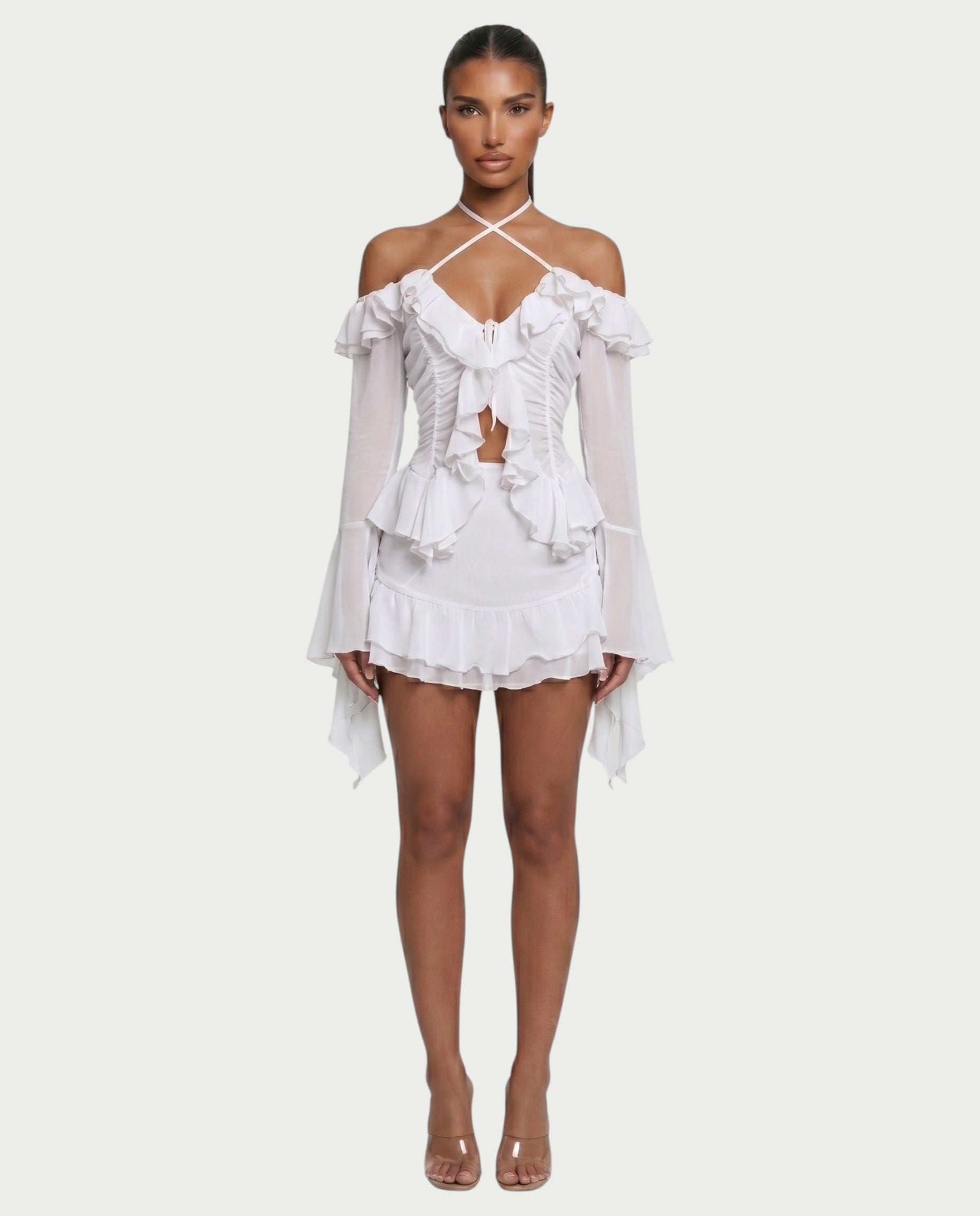 ZAFORA Ruched Chiffon Top & Ruffle Mini Skirt Set