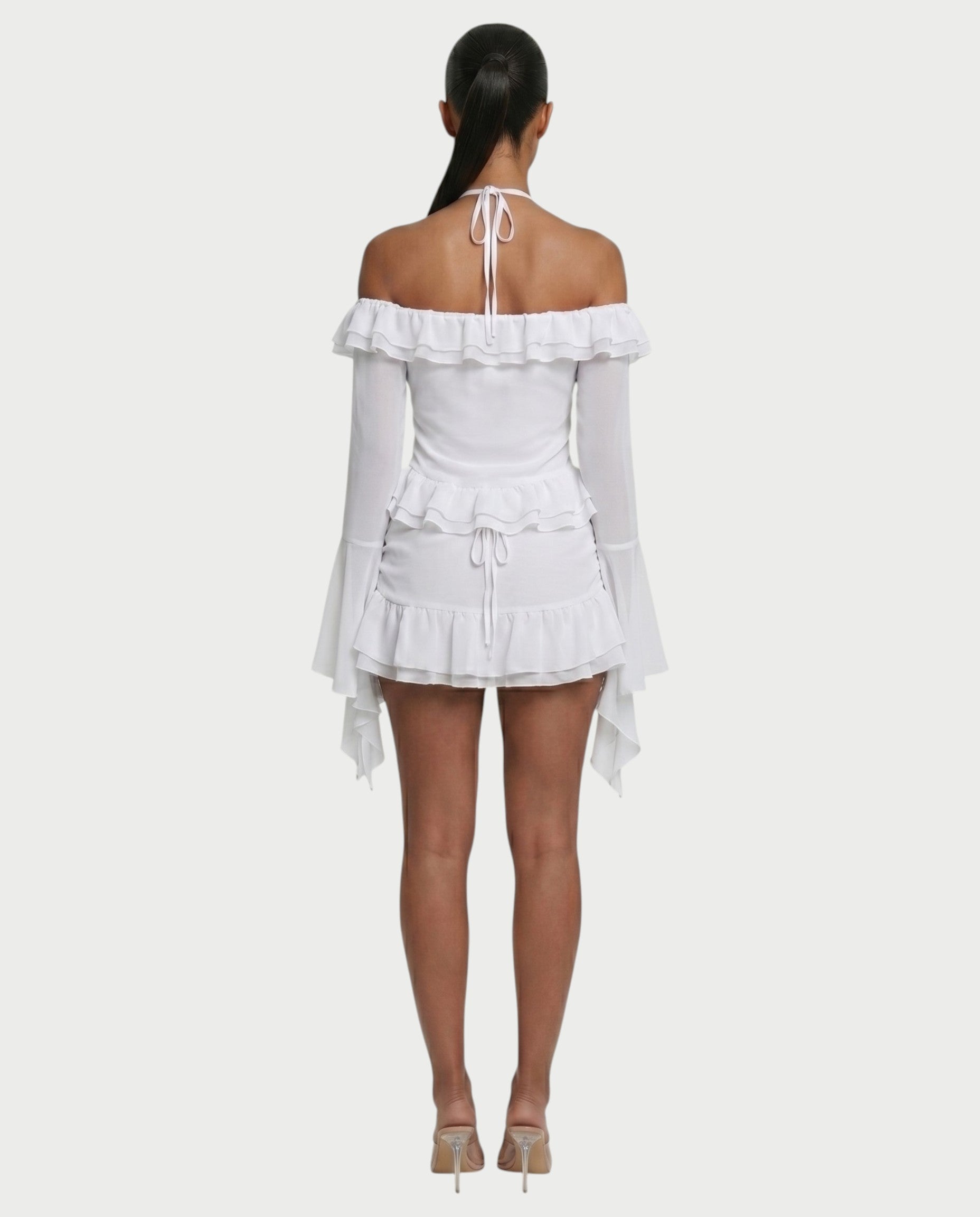 ZAFORA Ruched Chiffon Top & Ruffle Mini Skirt Set