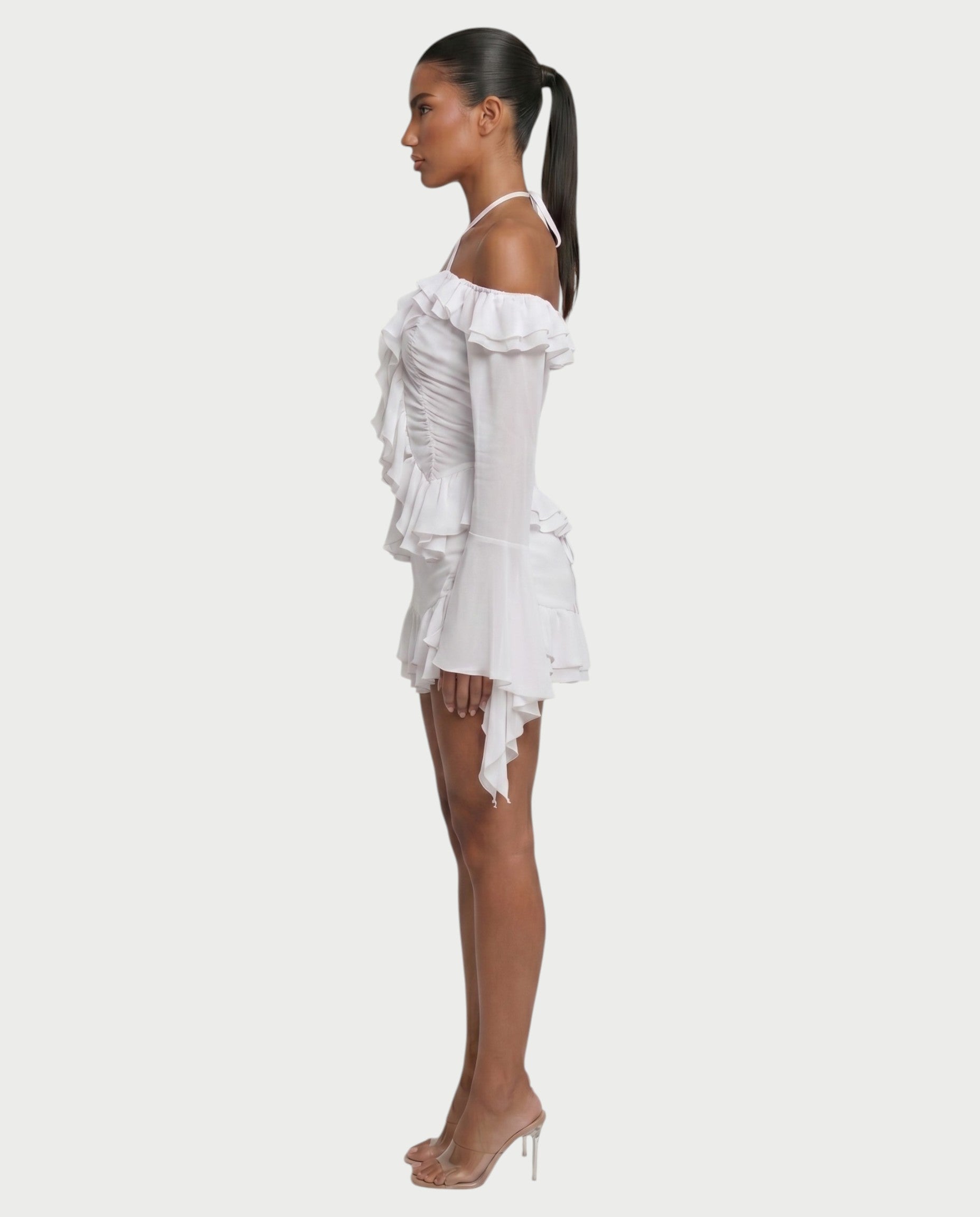 ZAFORA Ruched Chiffon Top & Ruffle Mini Skirt Set