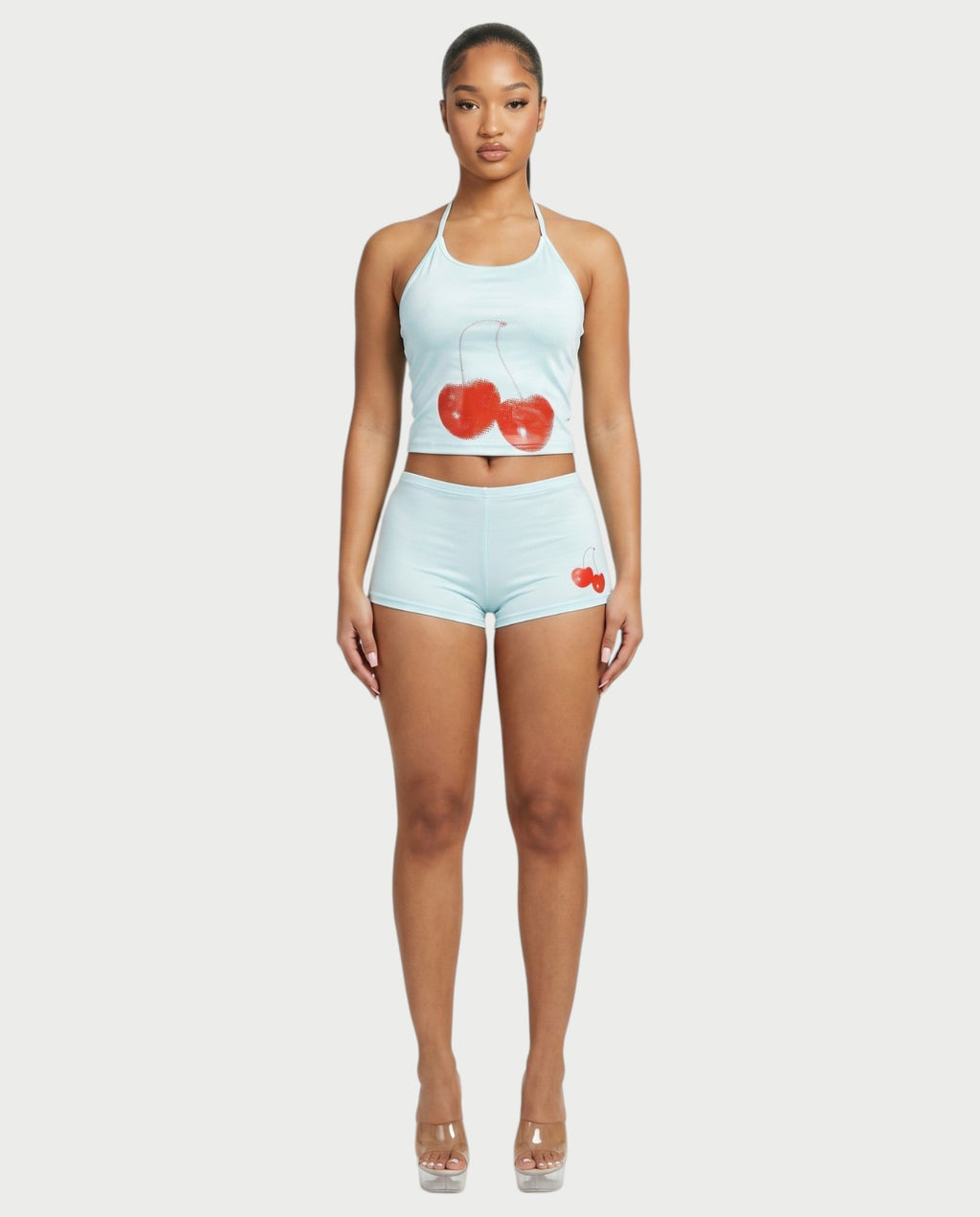 Sazha Cherry Halter Crop Top & Low-Rise Shorts Set