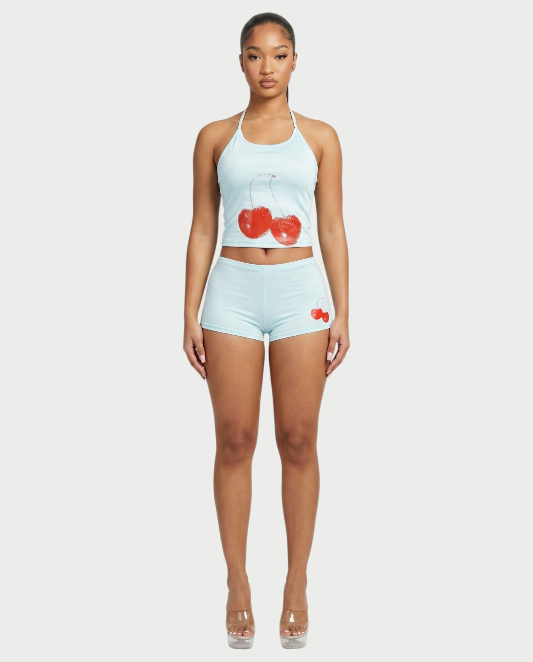 Sazha Cherry Halter Crop Top & Low-Rise Shorts Set