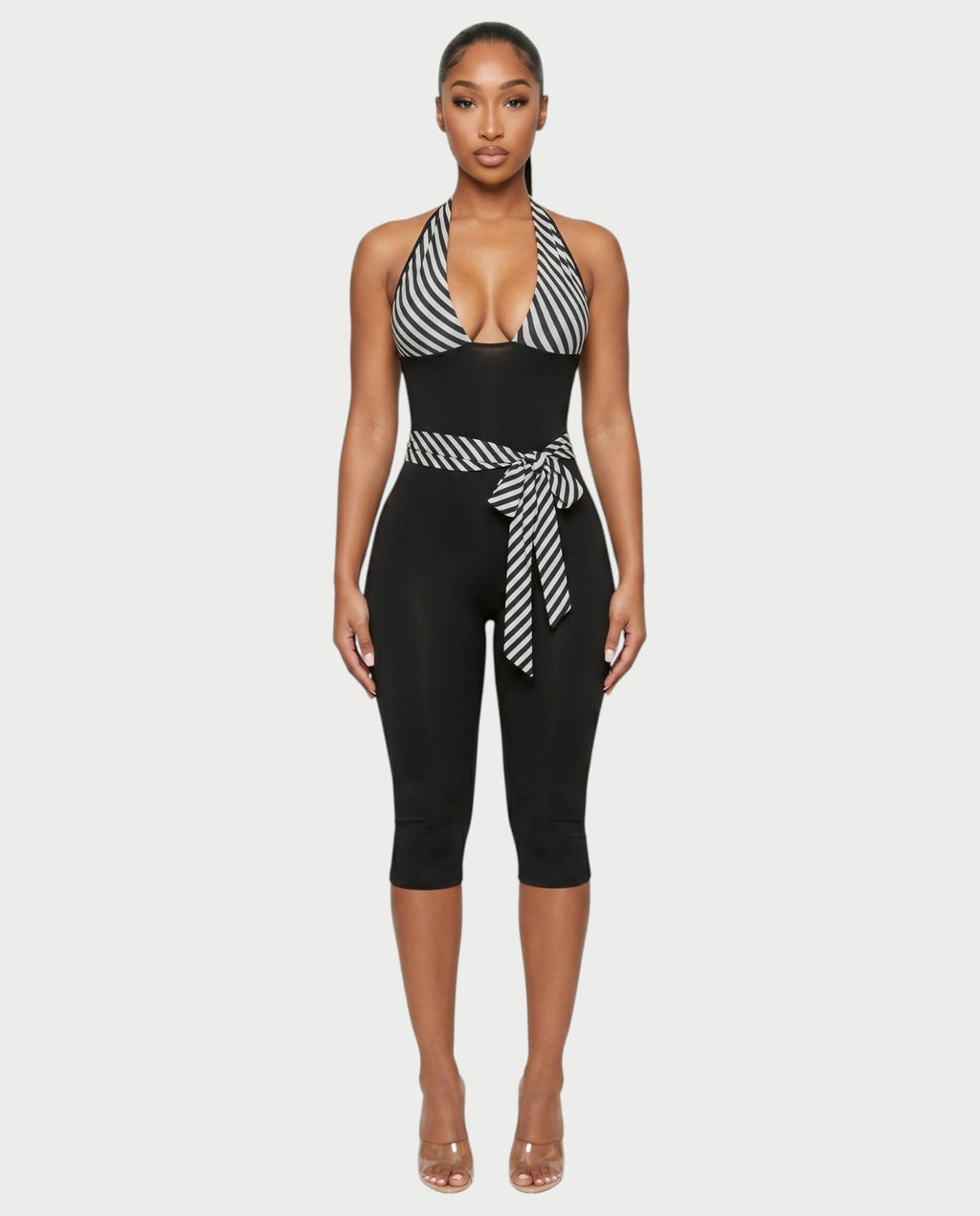 ZIAH Monochrome Striped Halter Neck Tie-Waist Capri Romper