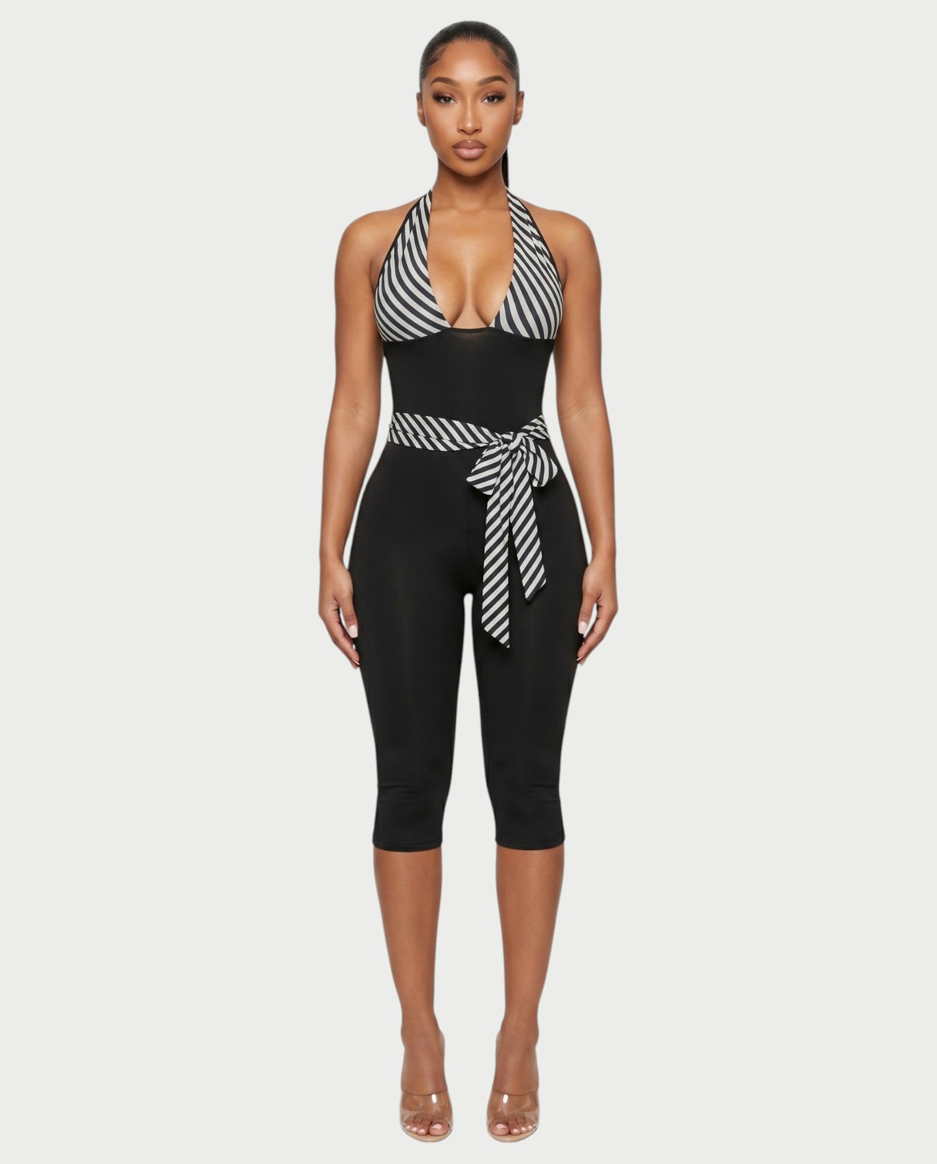 ZIAH Monochrome Striped Halter Neck Tie-Waist Capri Romper