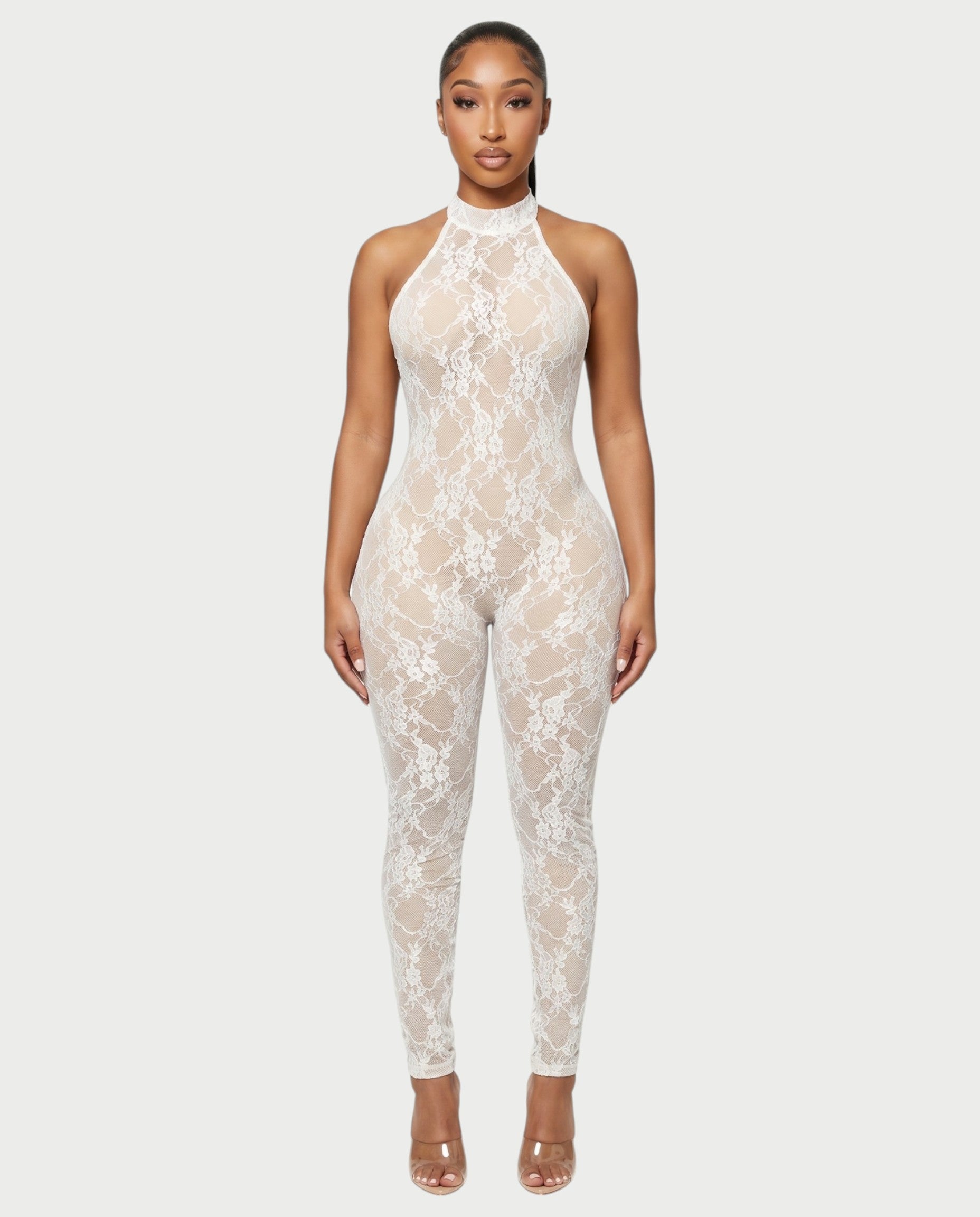 QIRELLA Sheer Lace Backless Bodycon Jumpsuit