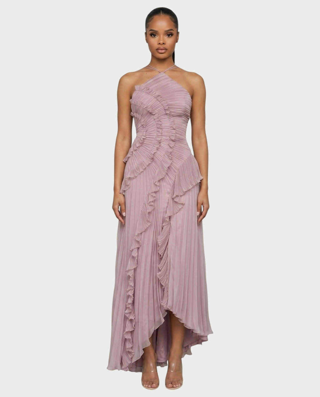 XYLORIA Chiffon Pleated Ruffle Asymmetrical Maxi Dress