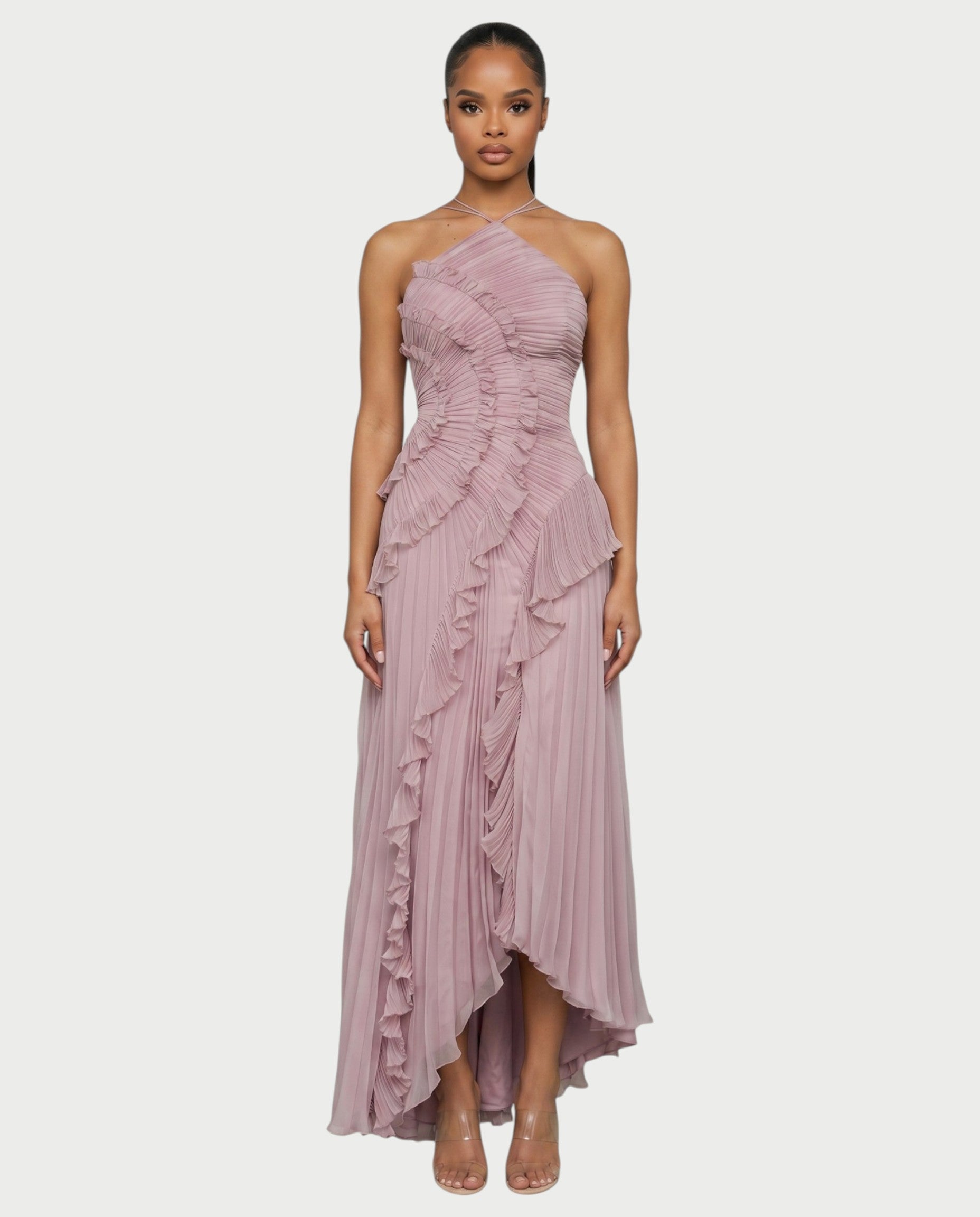 XYLORIA Chiffon Pleated Ruffle Asymmetrical Maxi Dress