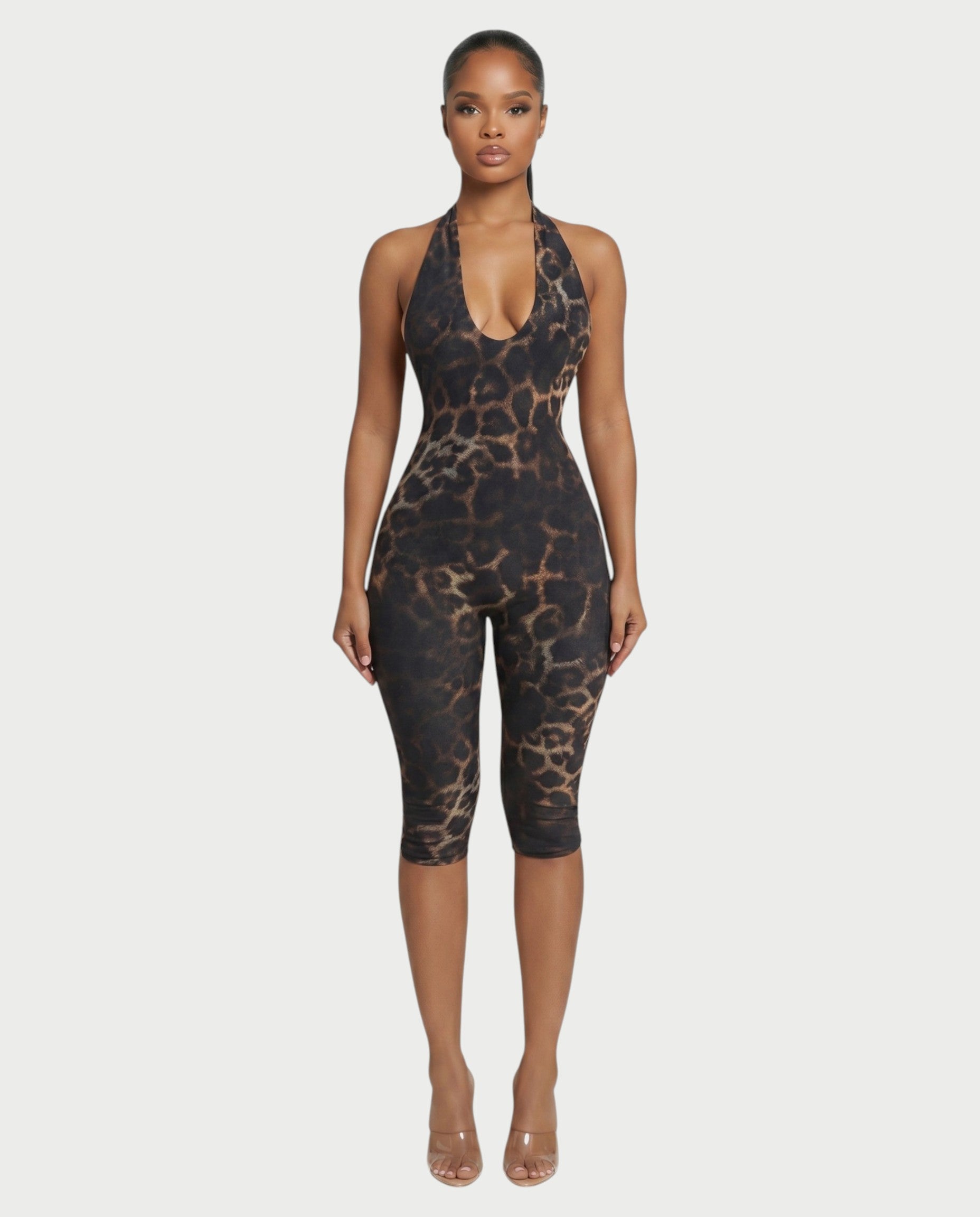 ELIVRA Leopard Print Halter Capri Jumpsuit