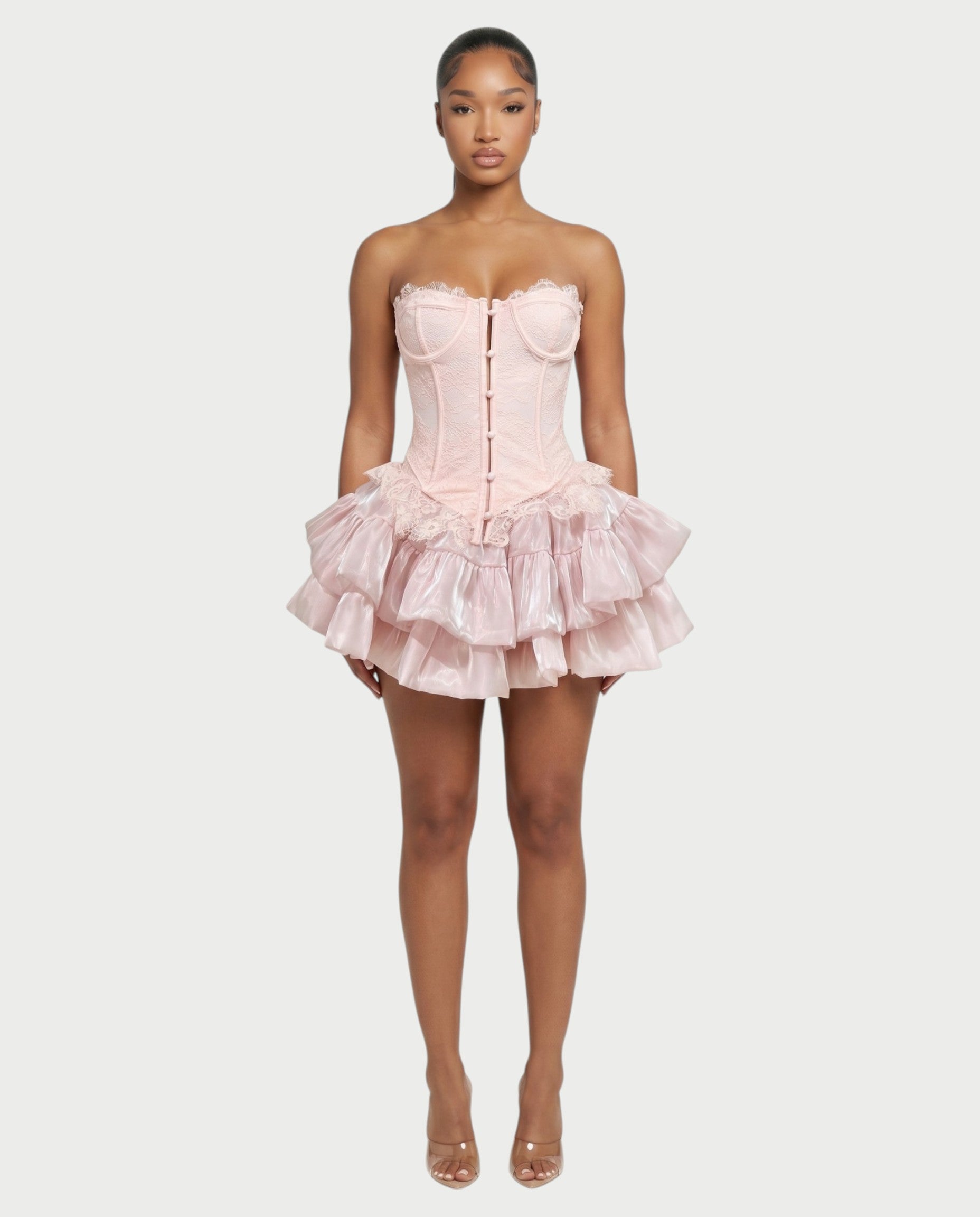 ELAROSE Satin Ruffle Mini Skirt & Lace Corset Top Set