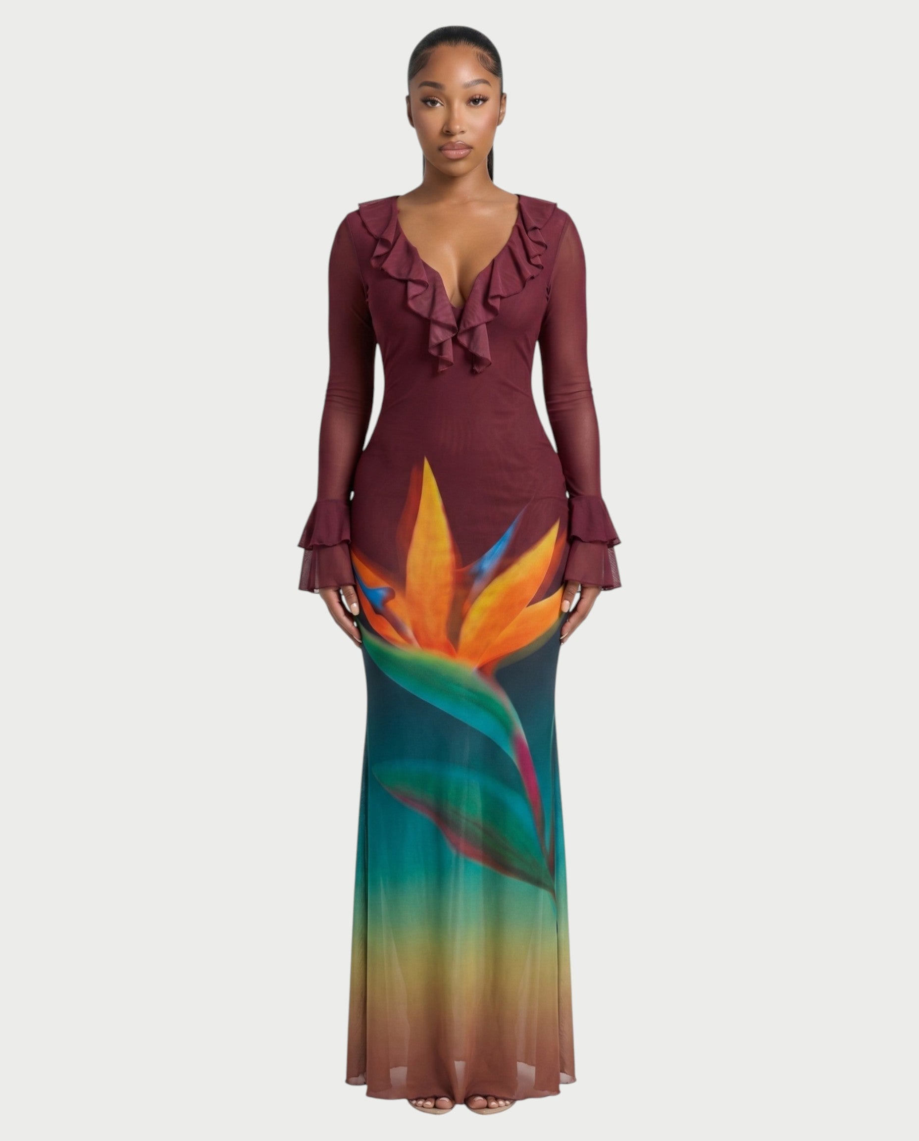 LORISSE Ruffle Trim Floral Maxi Dress