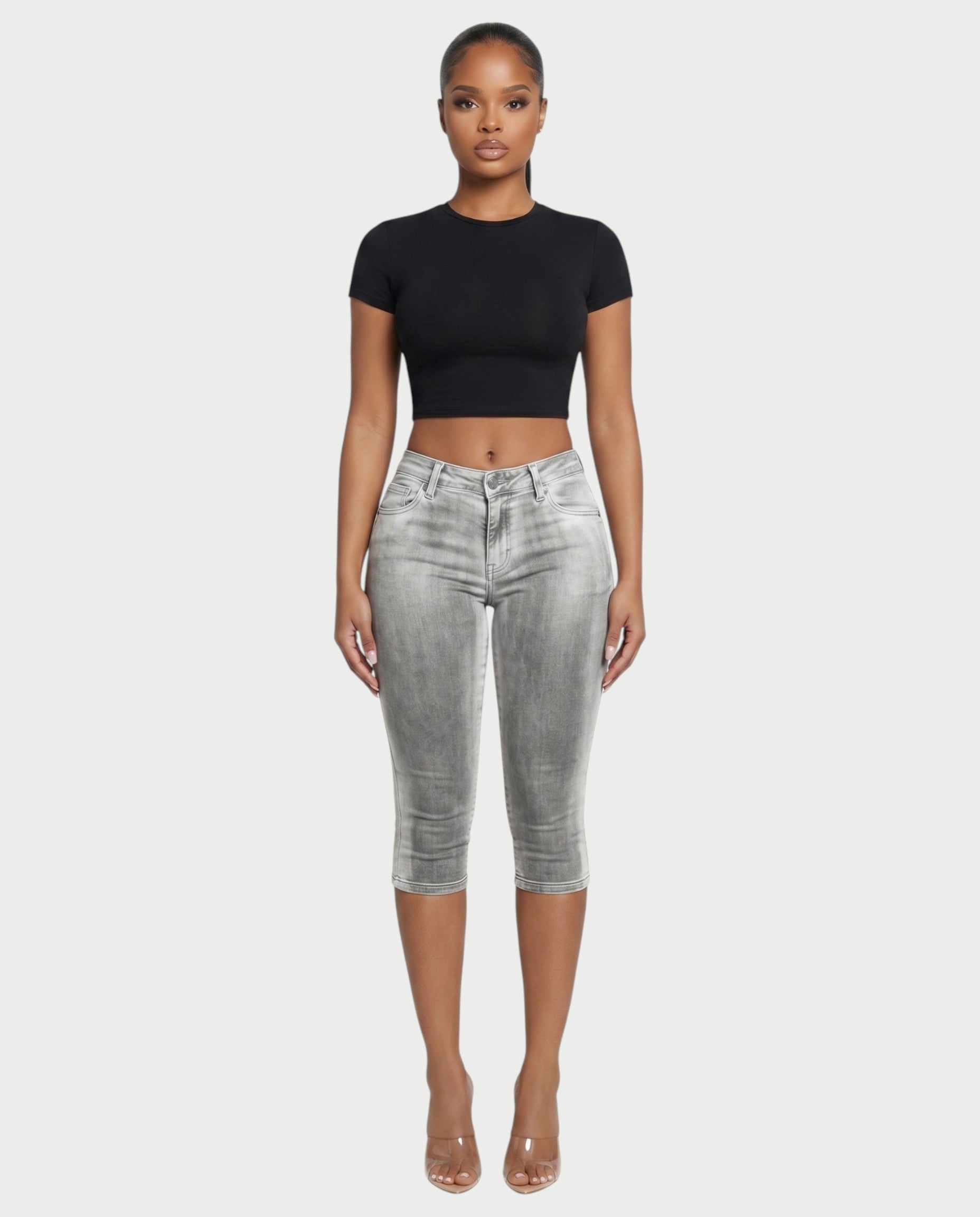 YULERA Washed Denim Capri Pants