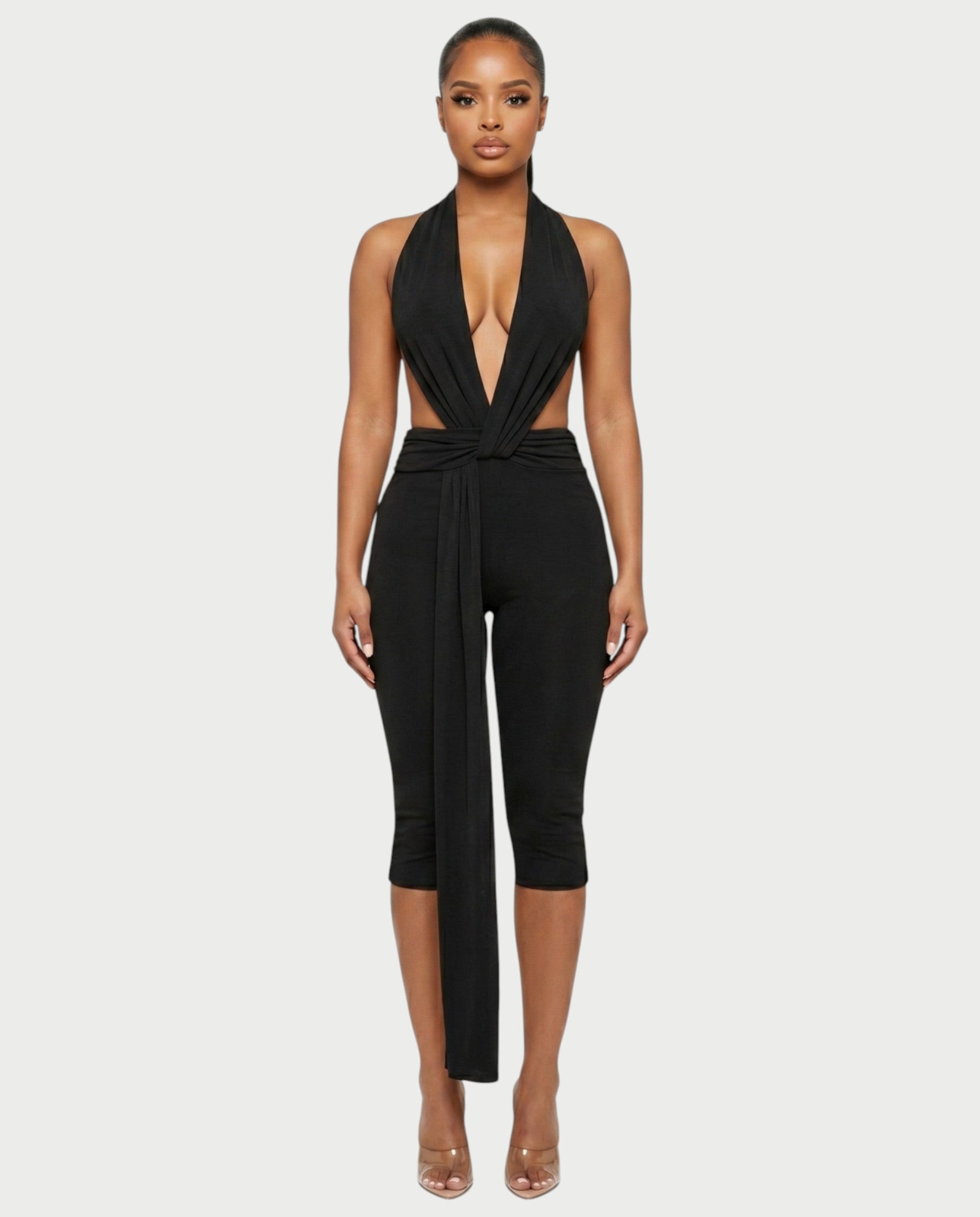 LINNA Plunging Halter Wrap Capri Romper