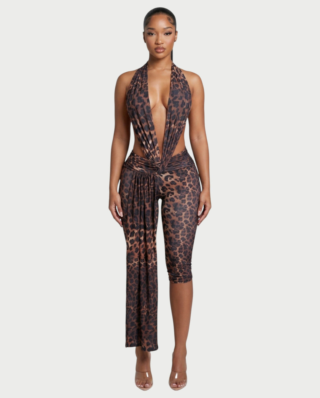 LERONA Leopard Plunging Halter Capri Romper