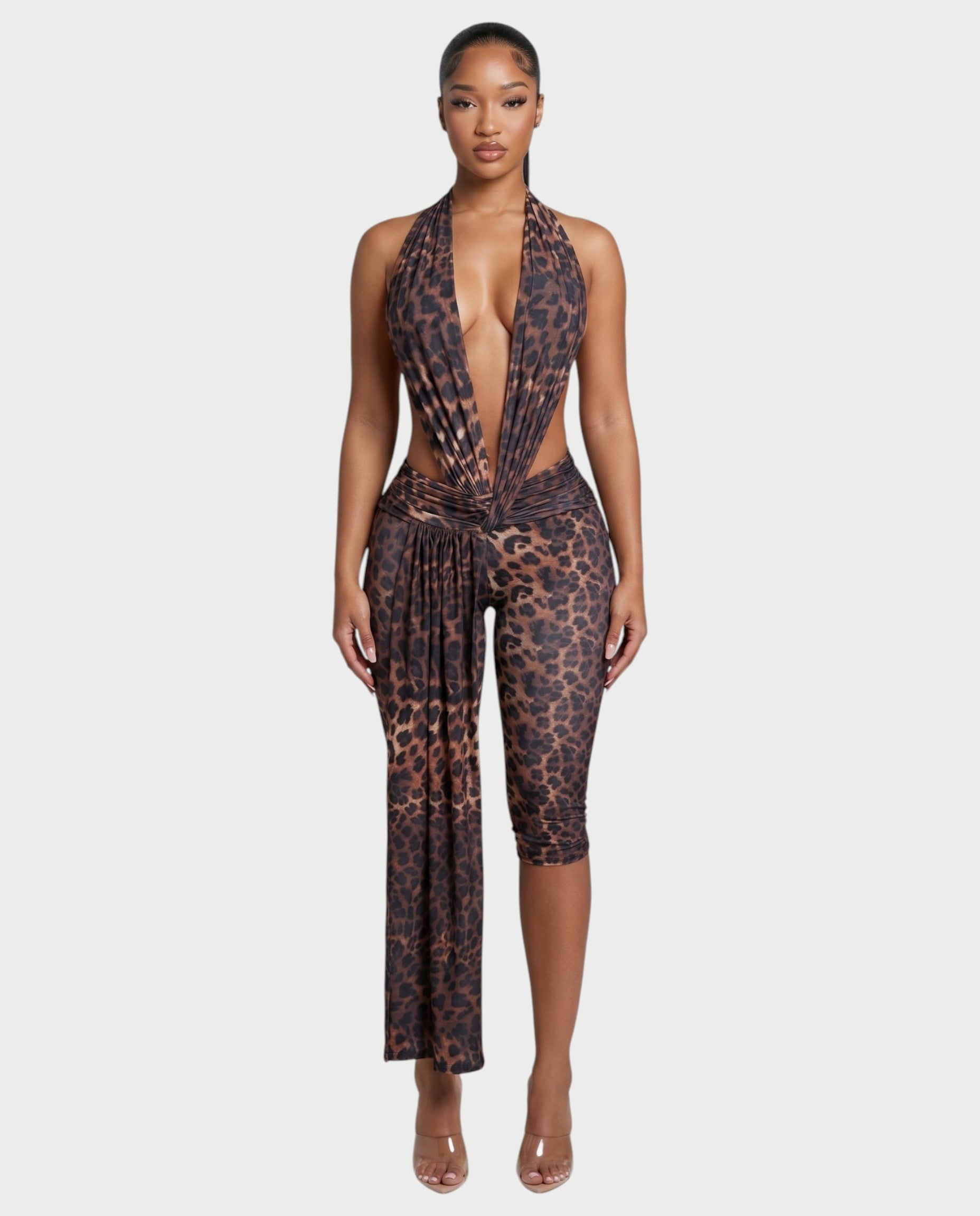 LERONA Leopard Plunging Halter Capri Romper