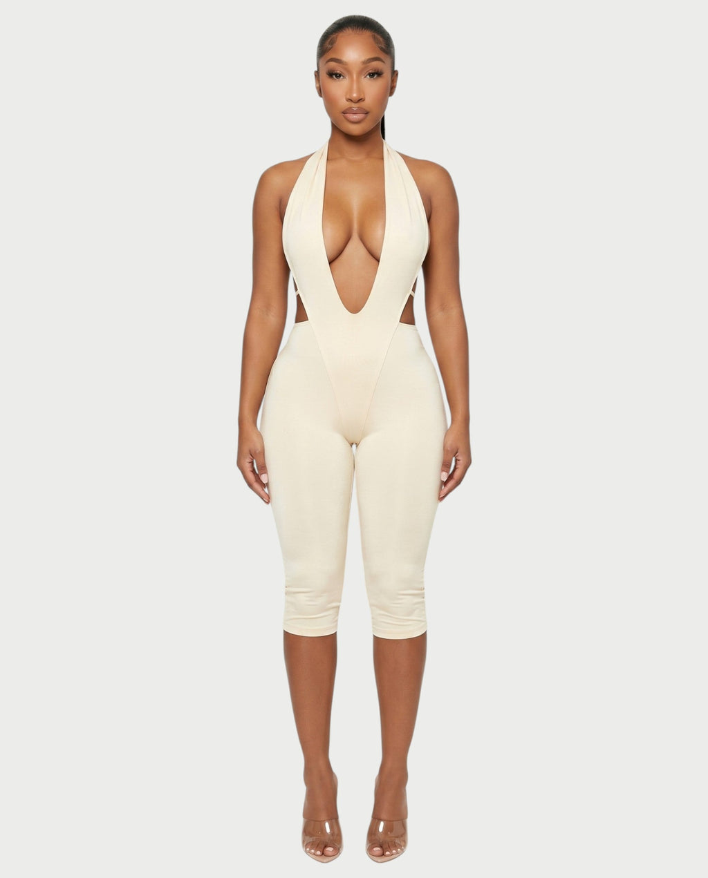 FERONA Deep V Halter Bodycon Capri Romper