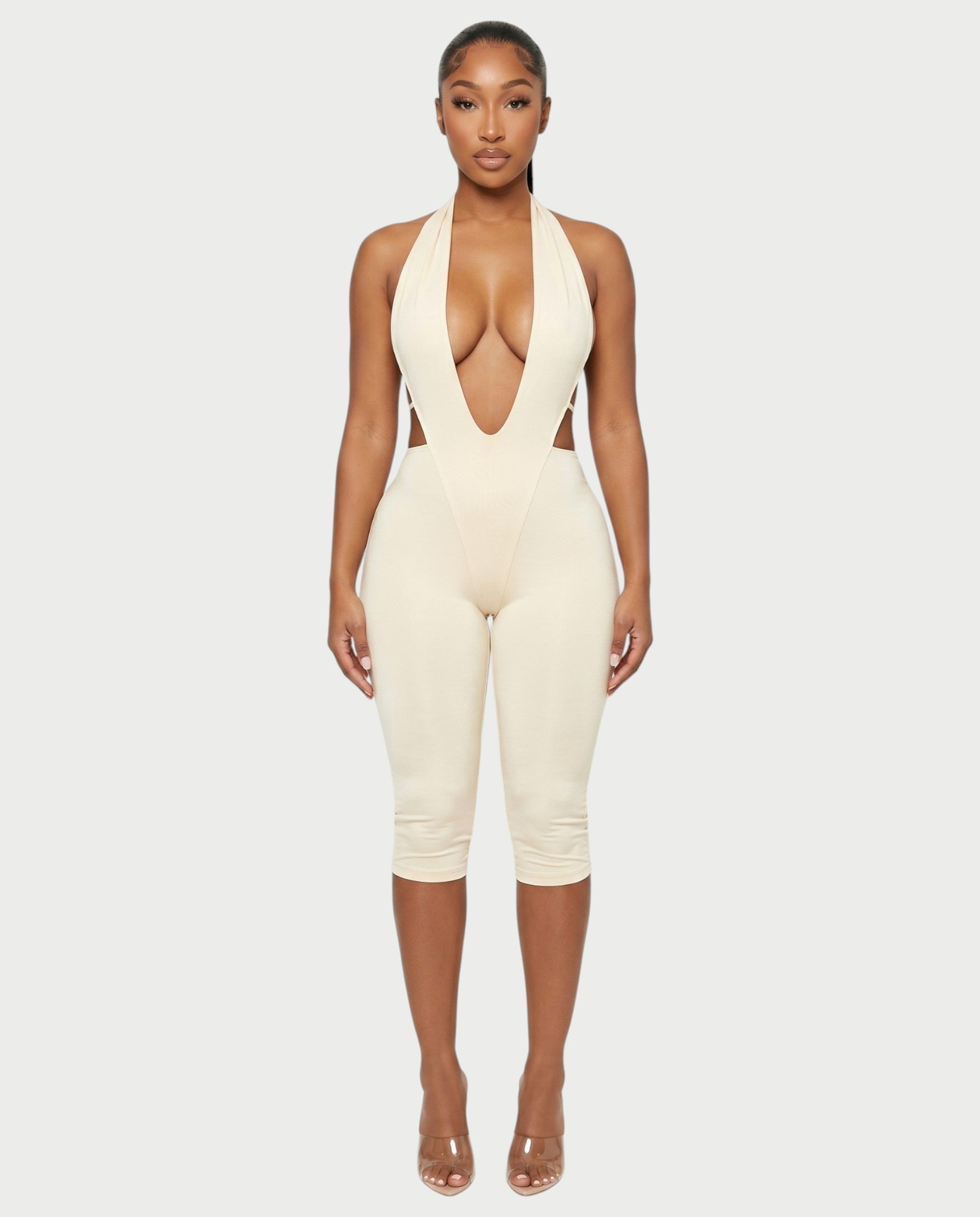 FERONA Deep V Halter Bodycon Capri Romper