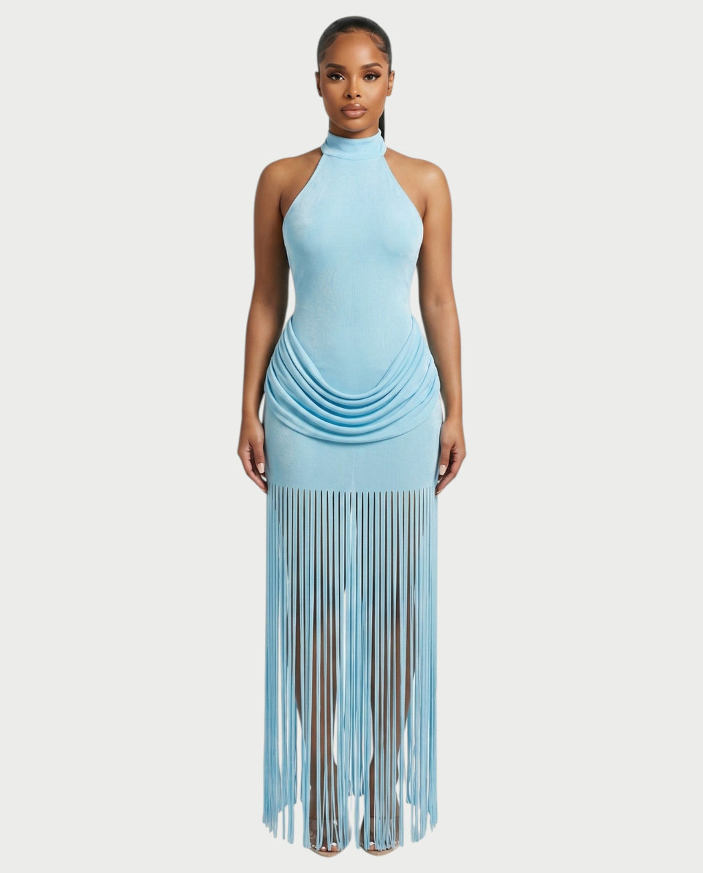 HIRANA Halter Neck Draped Fringe Maxi Dress