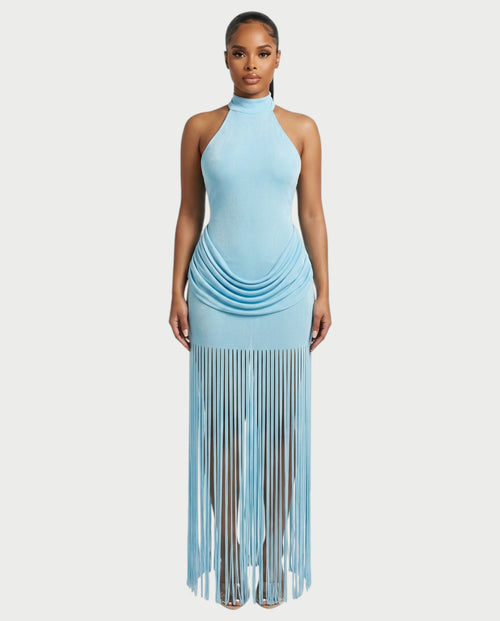 HIRANA Halter Neck Draped Fringe Maxi Dress