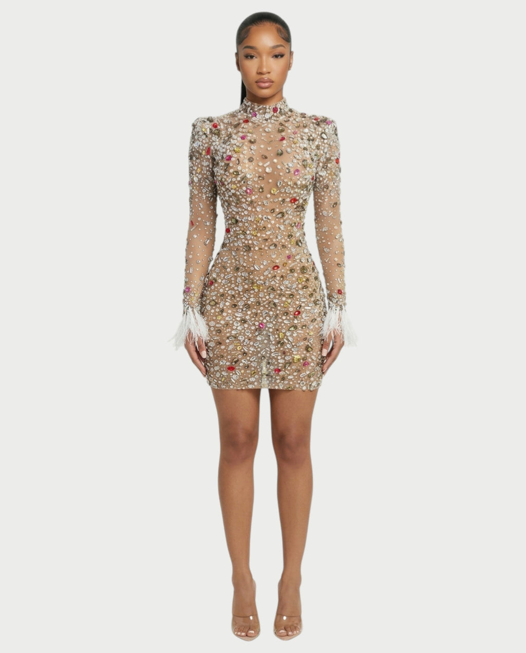 DIMERY Jeweled Feather Cuffs Mesh Mini Dress