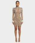 DIMERY Jeweled Feather Cuffs Mesh Mini Dress