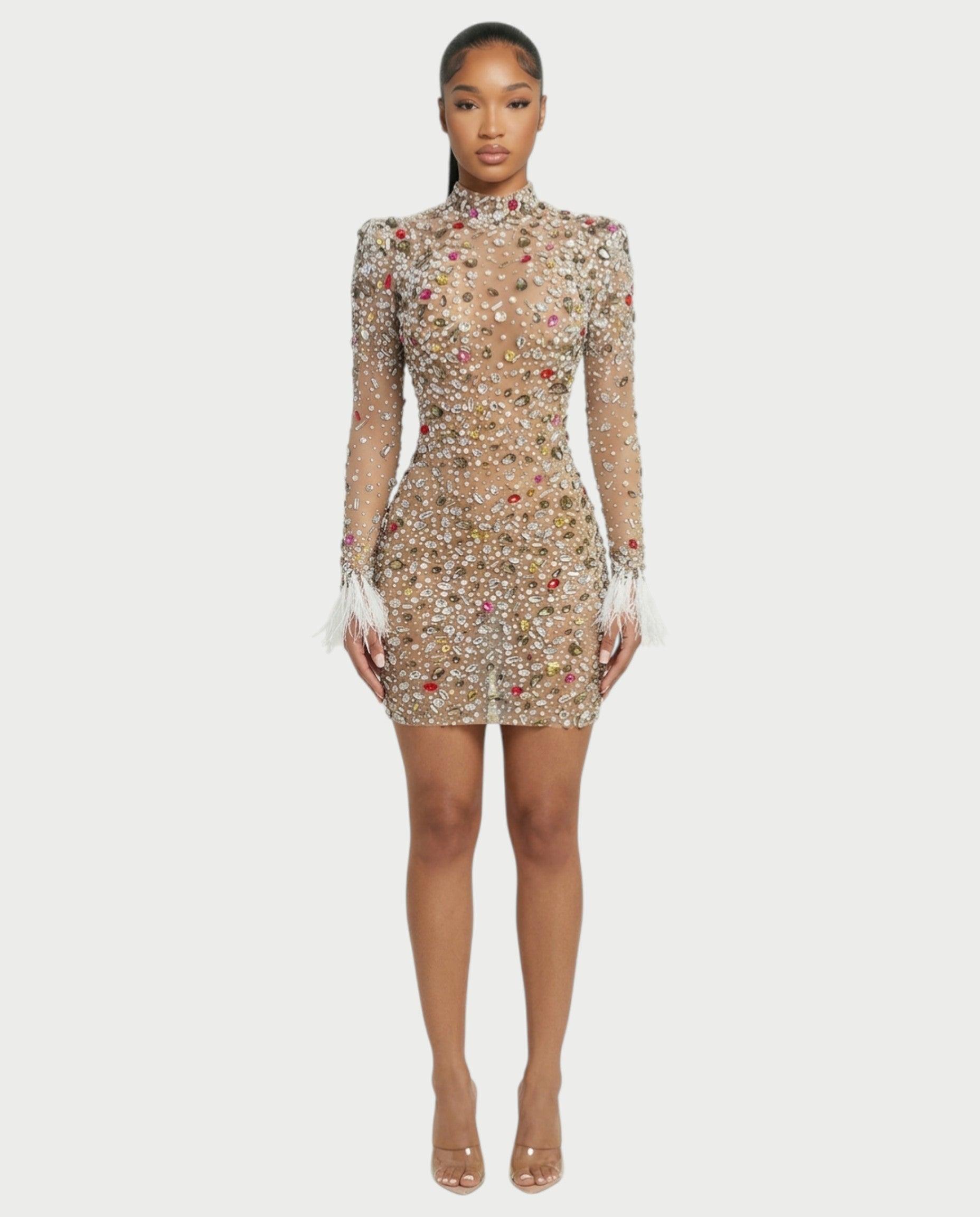 DIMERY Jeweled Feather Cuffs Mesh Mini Dress