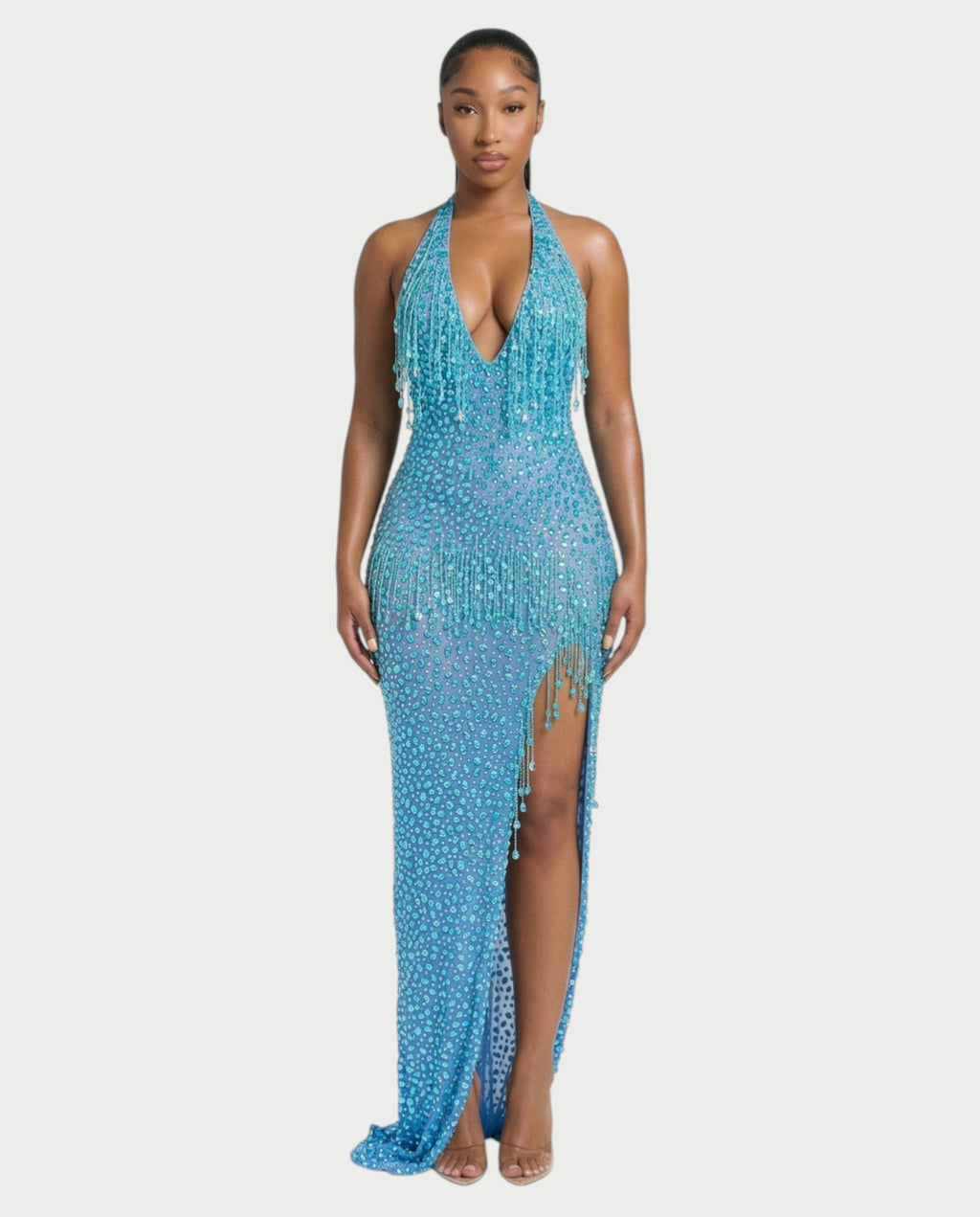 MYRIZ Rhinestone Halter Draped Tassel Maxi Dress