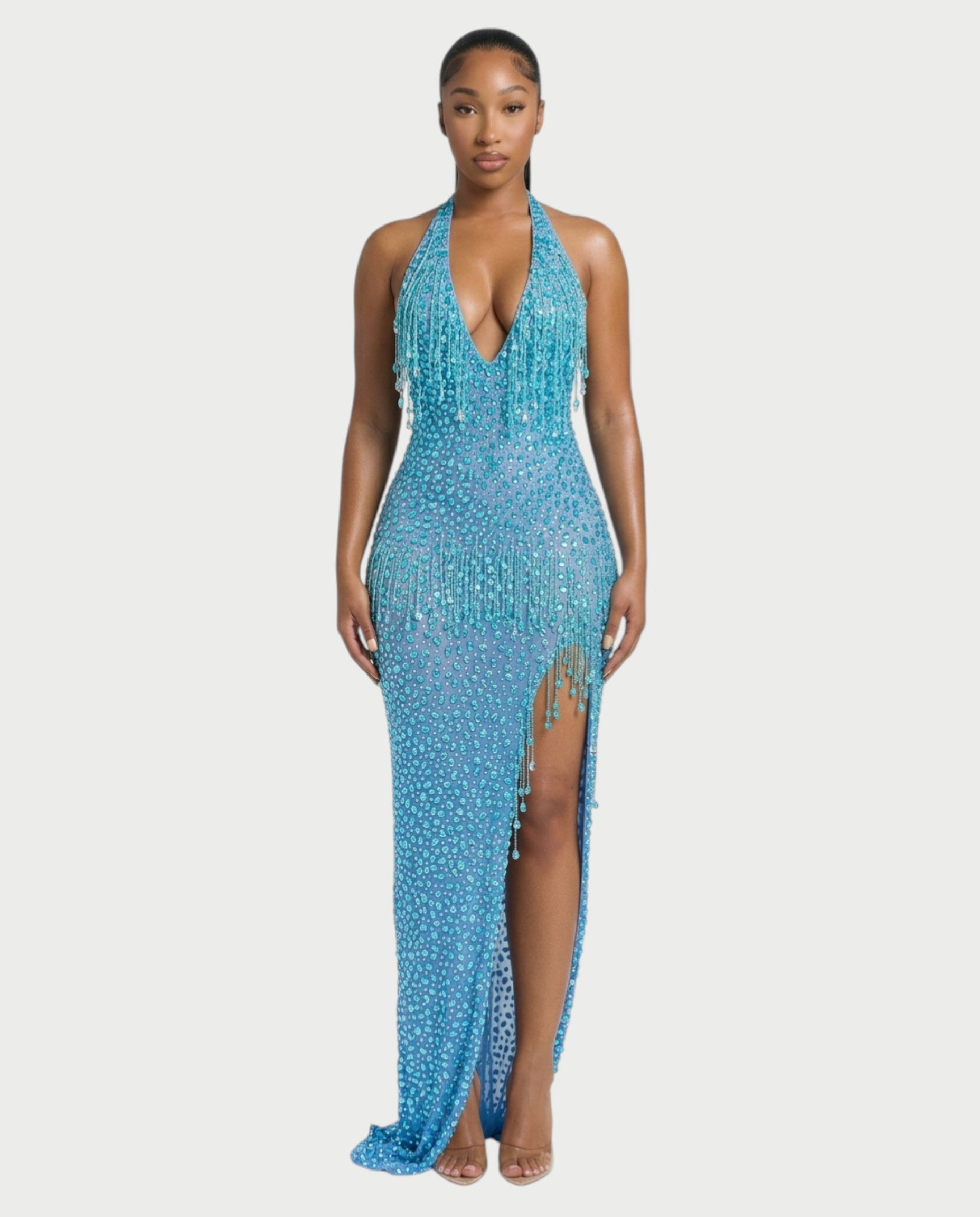 MYRIZ Rhinestone Halter Draped Tassel Maxi Dress