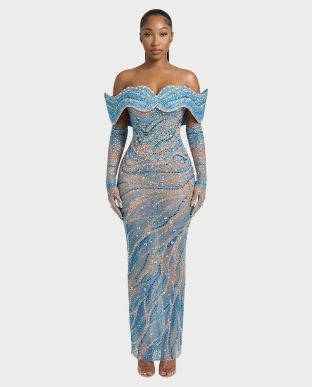 NELKA Rhinestone Off-Shoulder Mesh Maxi Dress