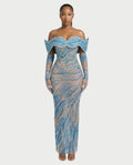 NELKA Rhinestone Off-Shoulder Mesh Maxi Dress