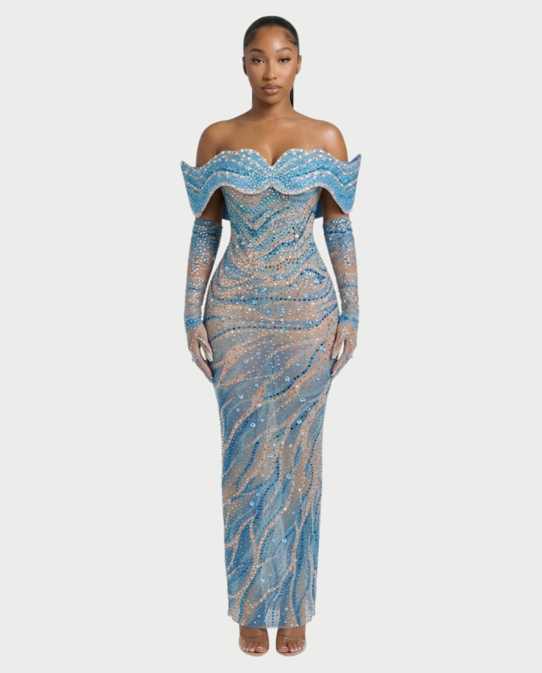 NELKA Rhinestone Off-Shoulder Mesh Maxi Dress