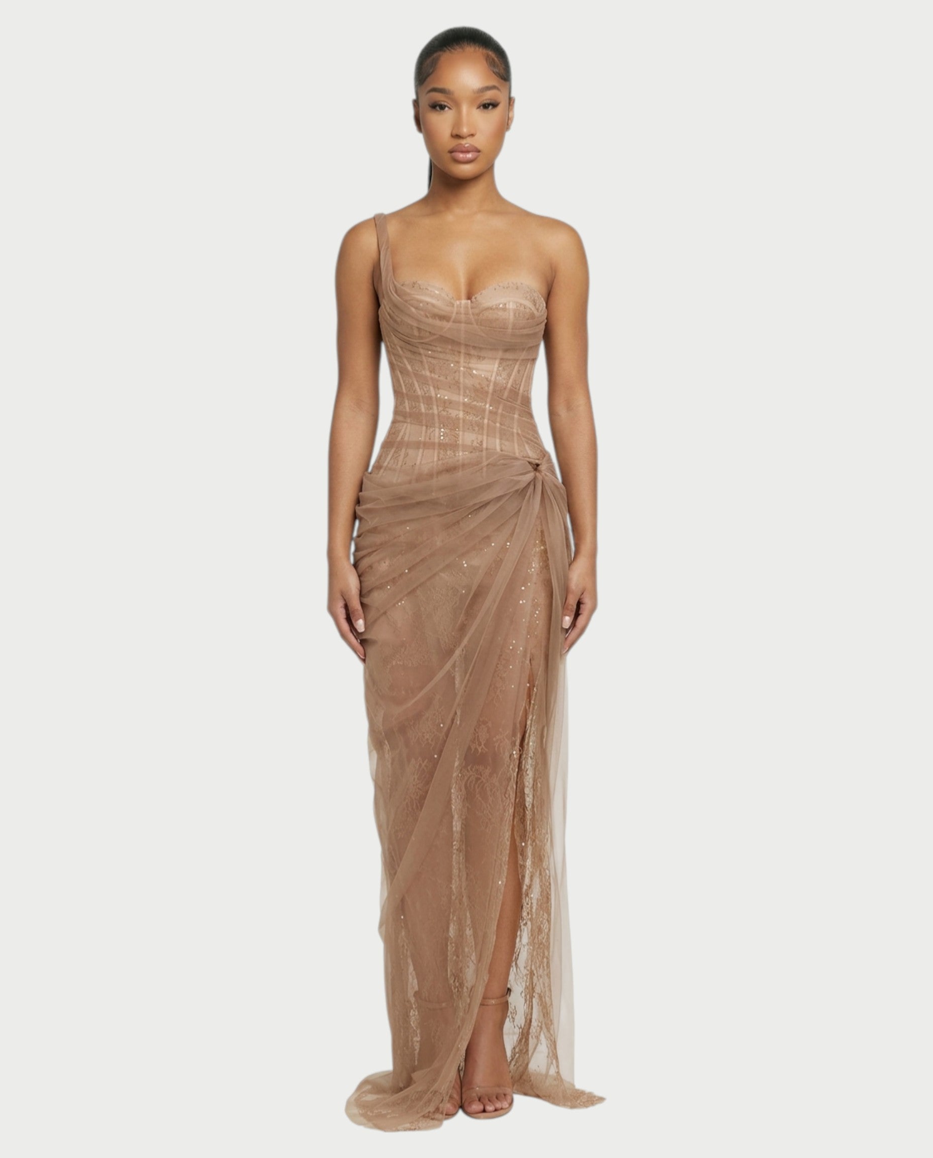 RINA One-Shoulder Lace Corset Maxi Dress