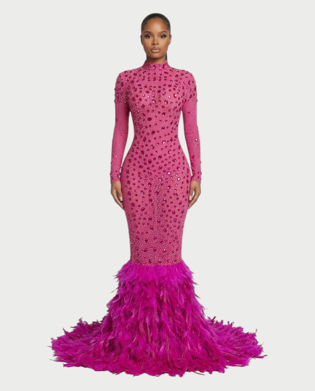 SOSANE Diamond High-Neck Feather Mermaid Maxi Dress