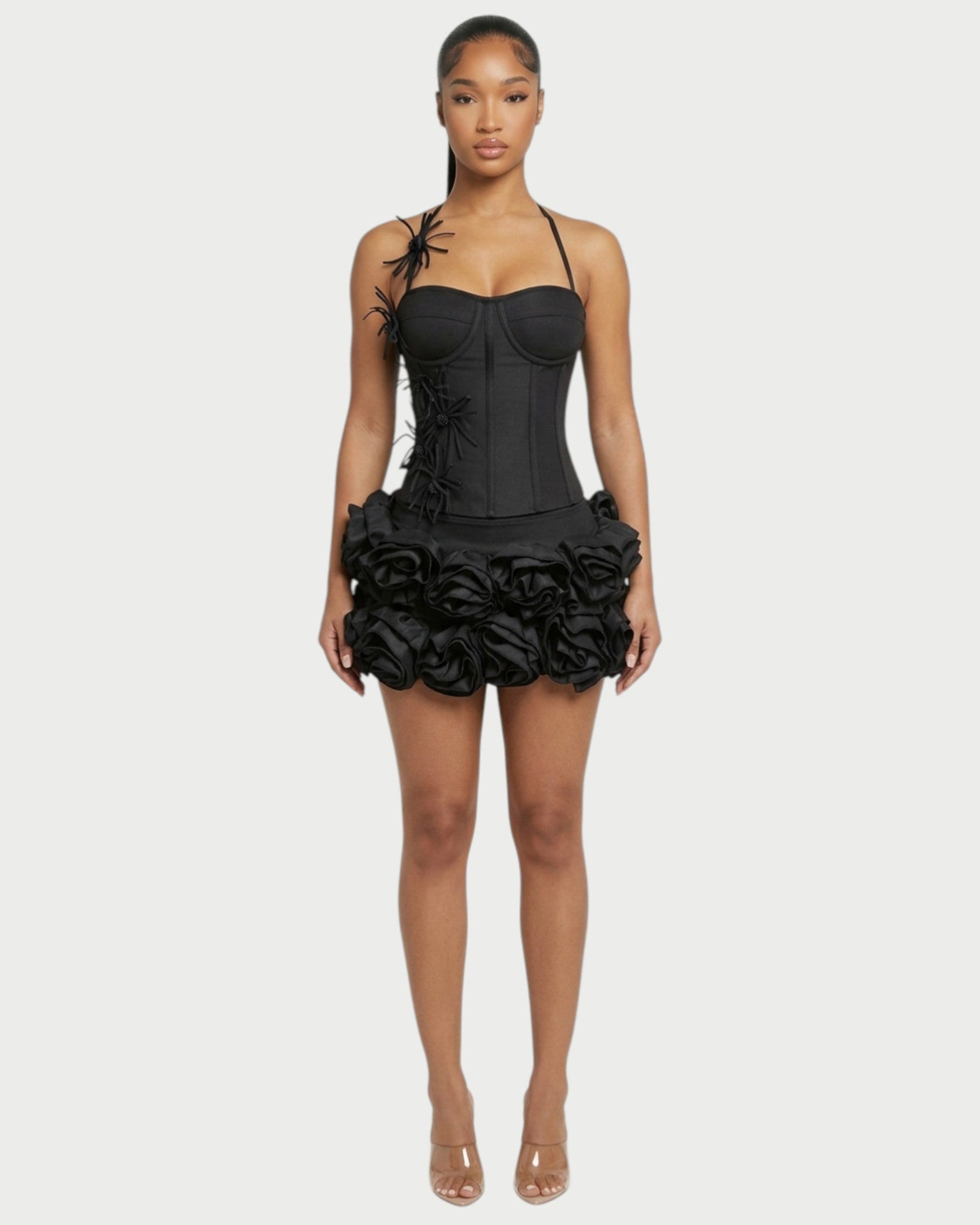 STUCY Floral Appliqué Corset & Mini Skirt Set