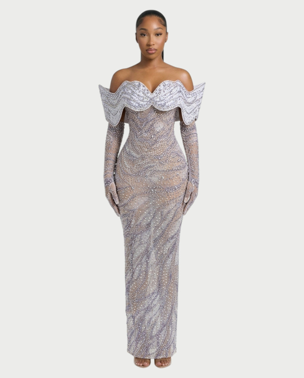 NELKA Rhinestone Off-Shoulder Mesh Maxi Dress