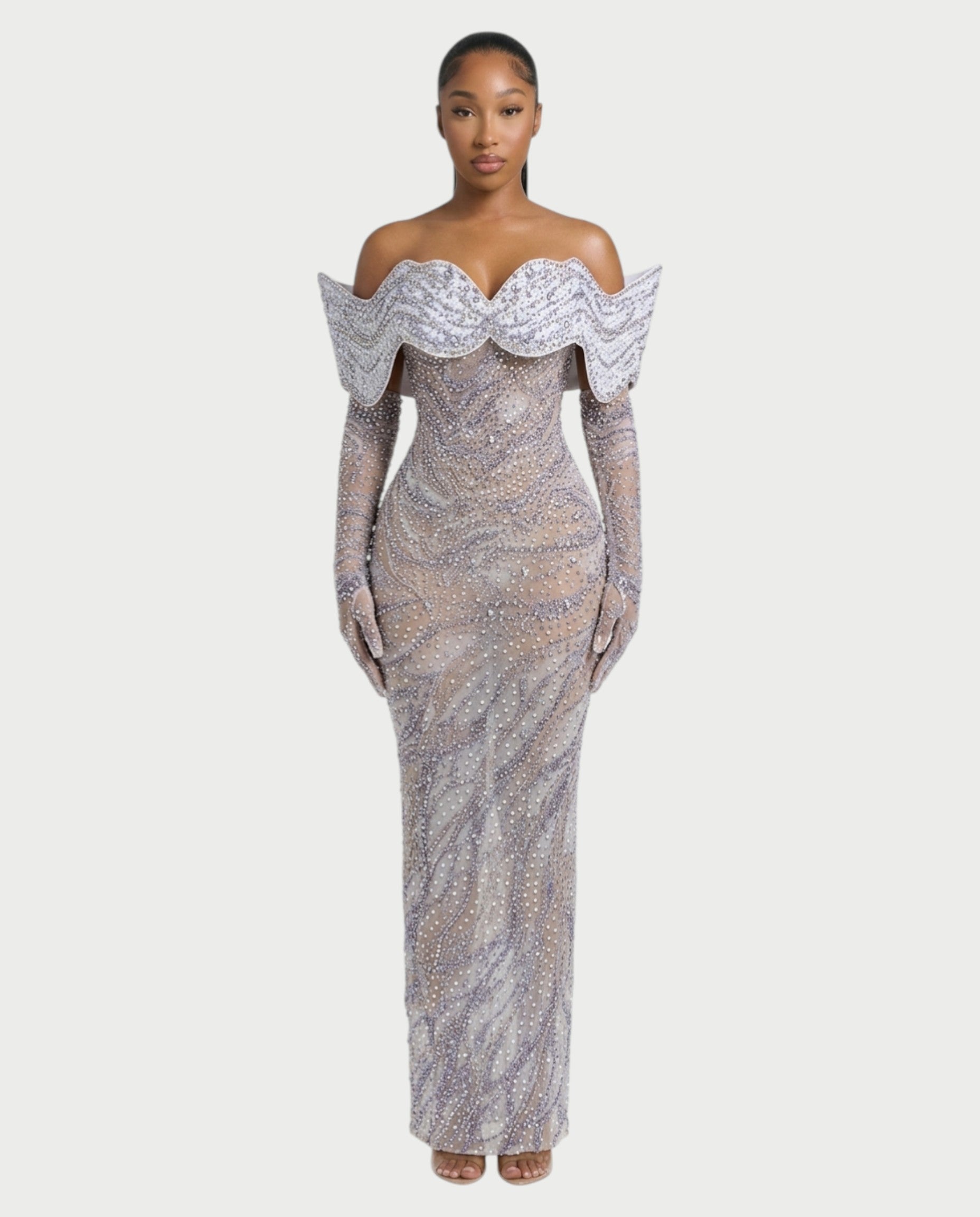NELKA Rhinestone Off-Shoulder Mesh Maxi Dress