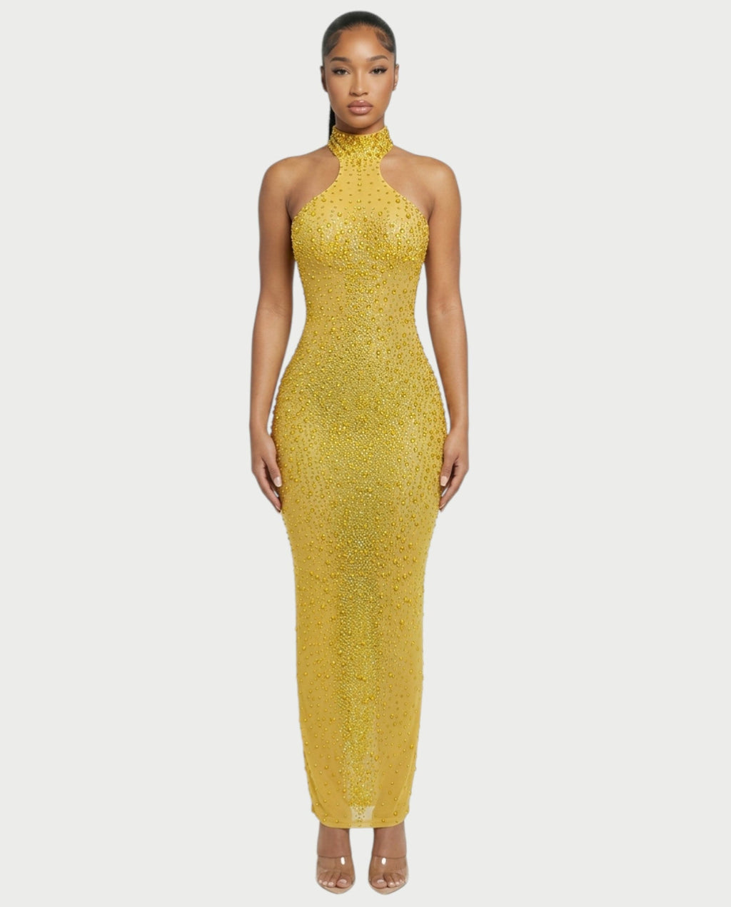FUERA Rhinestone Mesh Bodycon Maxi Dress