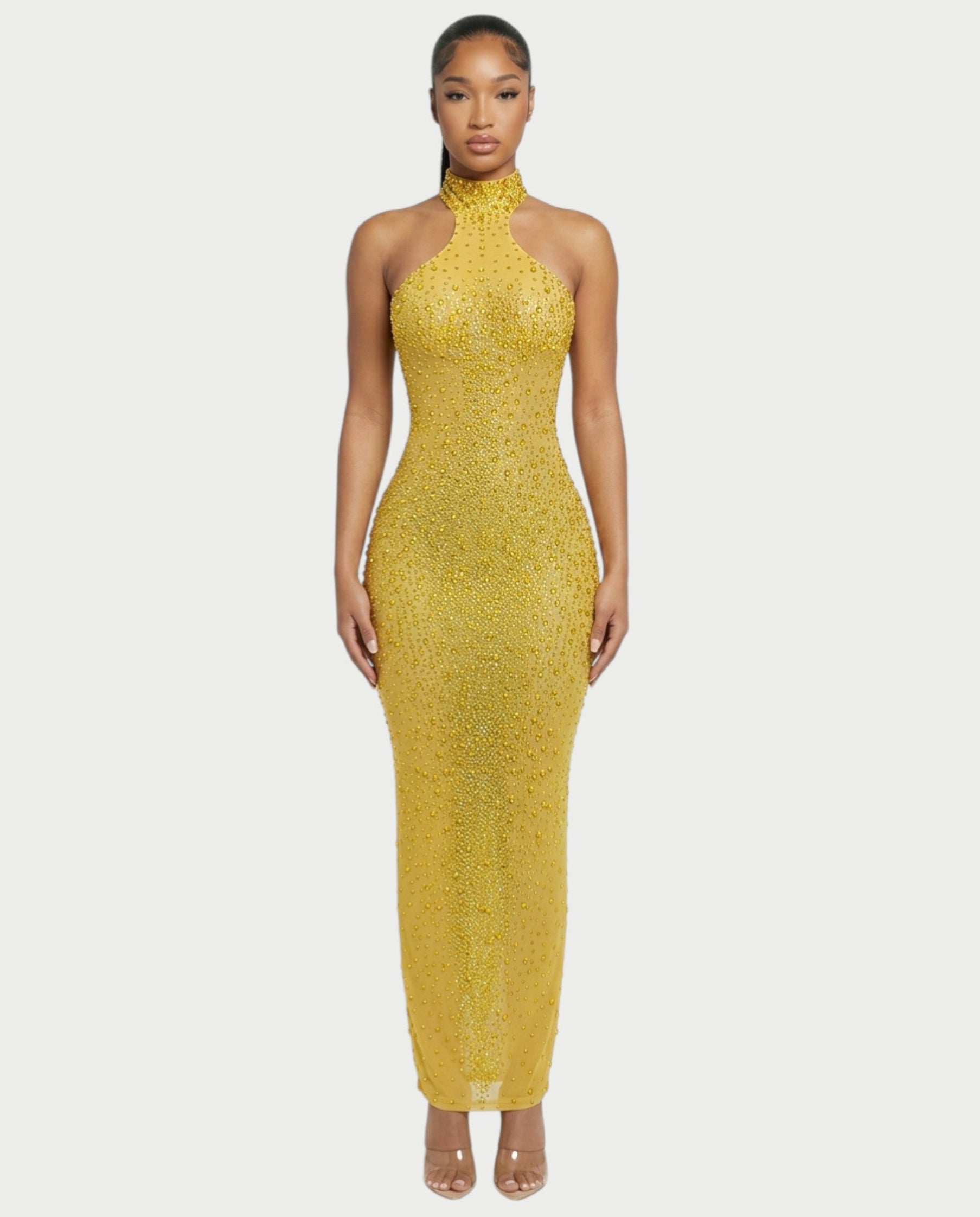 FUERA Rhinestone Mesh Bodycon Maxi Dress