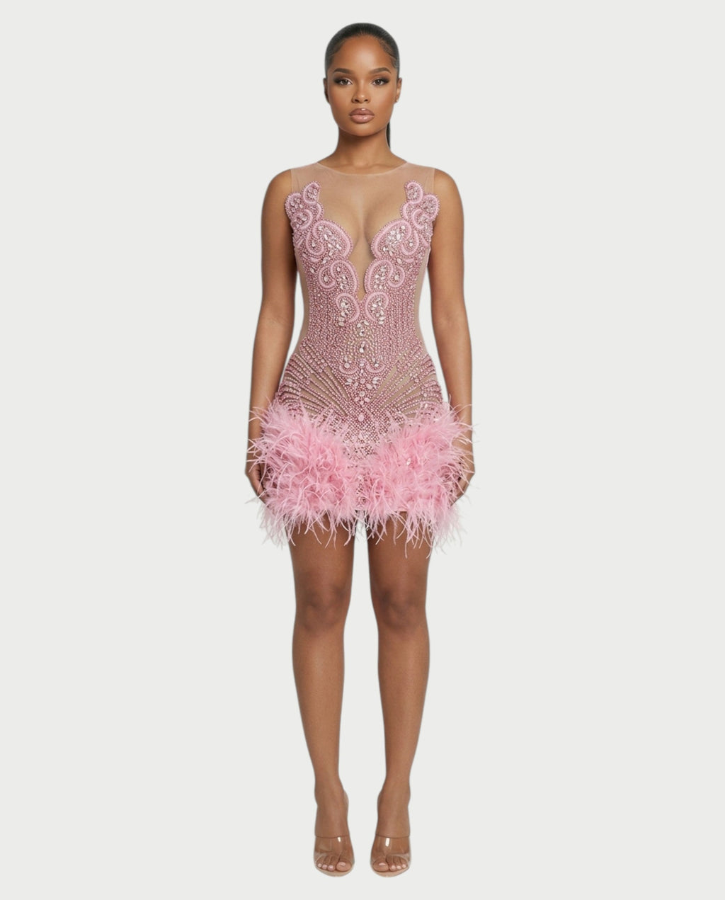 FAVE Rhinestone Feather Trim Mini Dress
