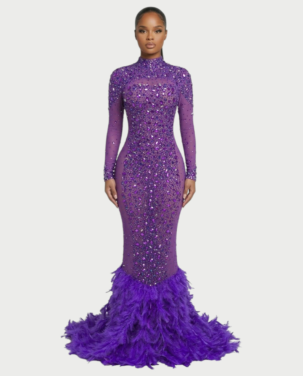 SOSANE Diamond High-Neck Feather Mermaid Maxi Dress