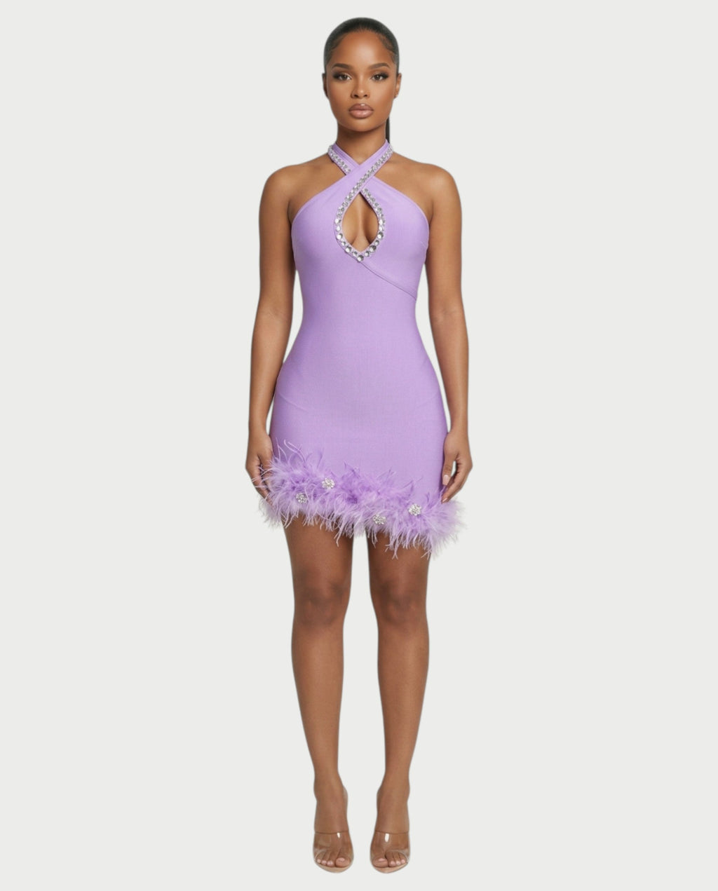 QUENCY Crystal Halter Feather Trim Mini Dress