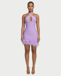 QUENCY Crystal Halter Feather Trim Mini Dress
