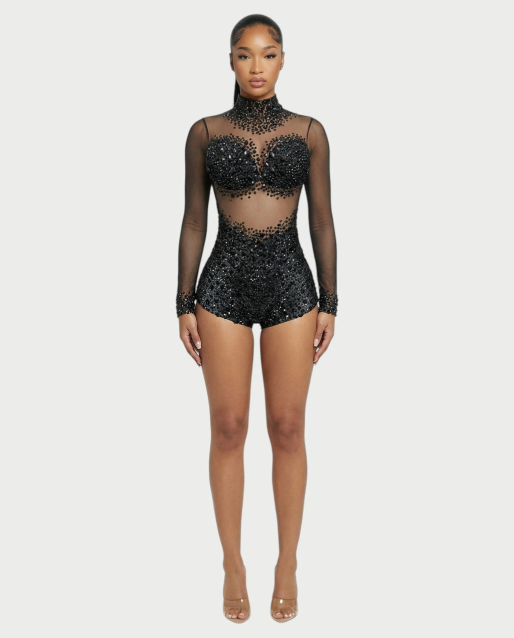 PERSY High-Neck Embellished Mesh Romper