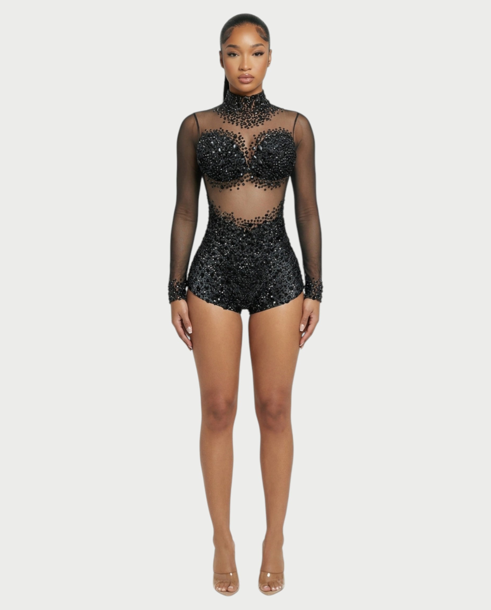 PERSY High-Neck Embellished Mesh Romper