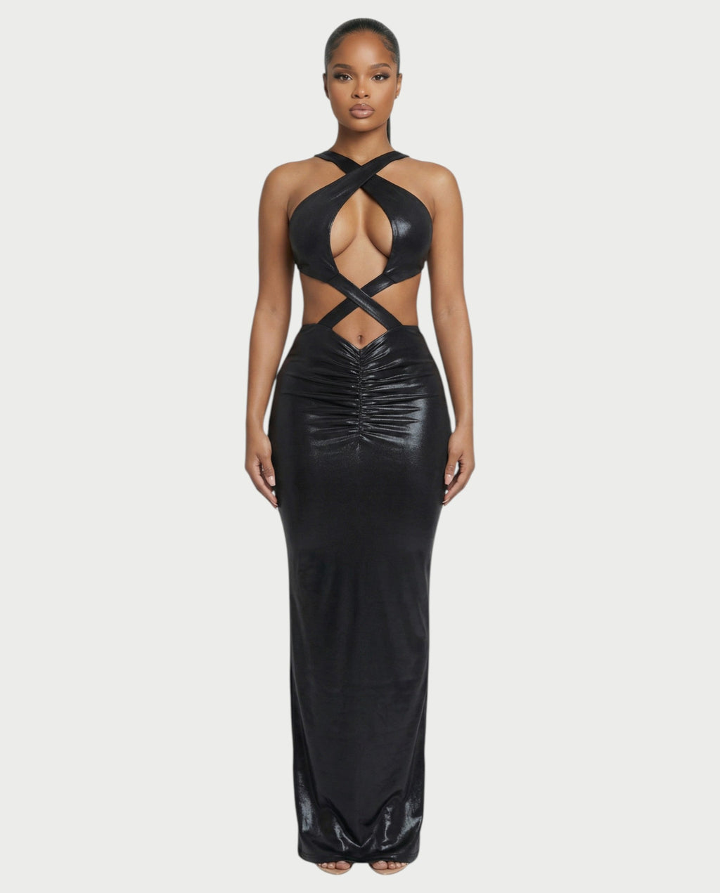 RINEYA Metallic Cutout Halter Neck Maxi Dress