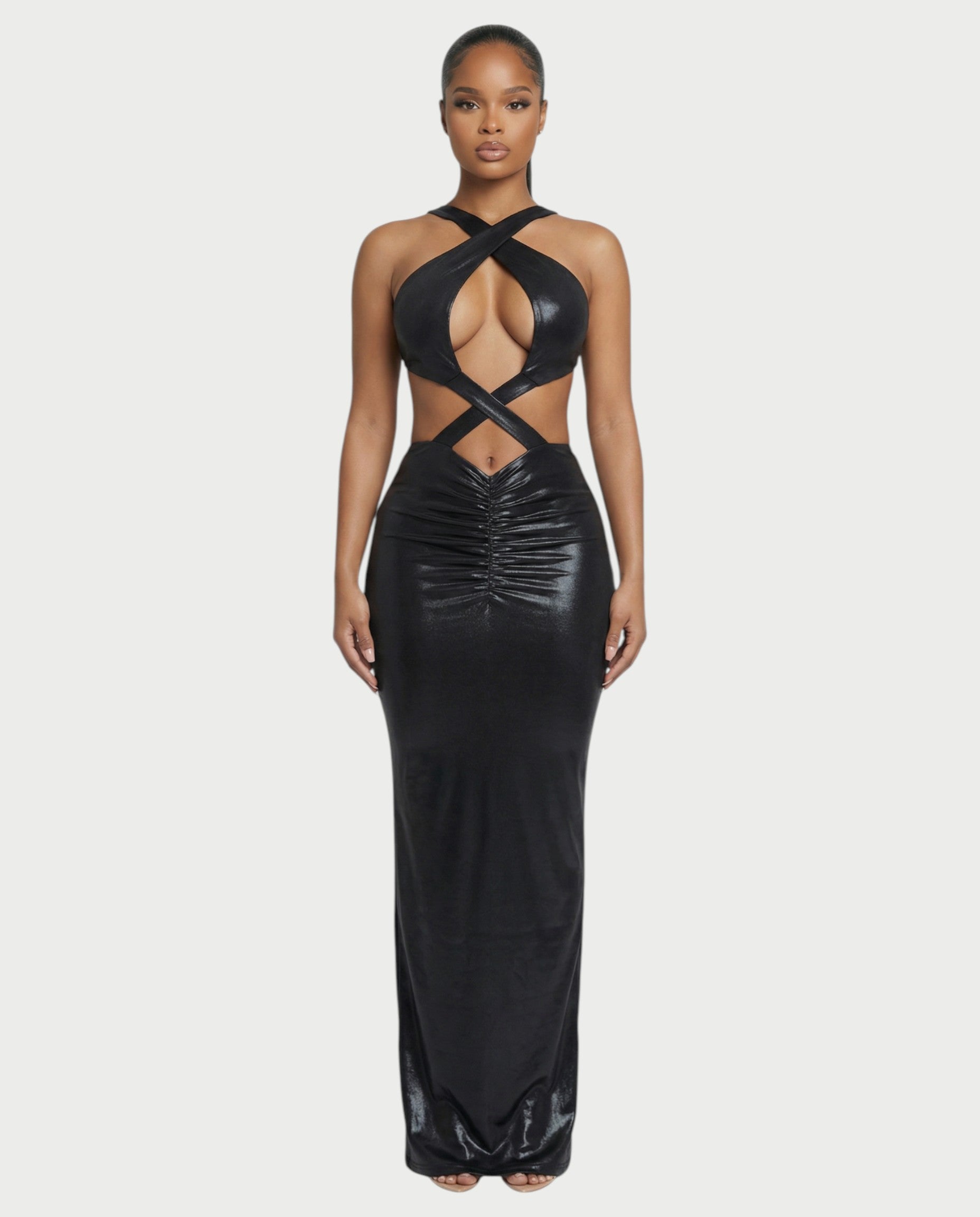 RINEYA Metallic Cutout Halter Neck Maxi Dress
