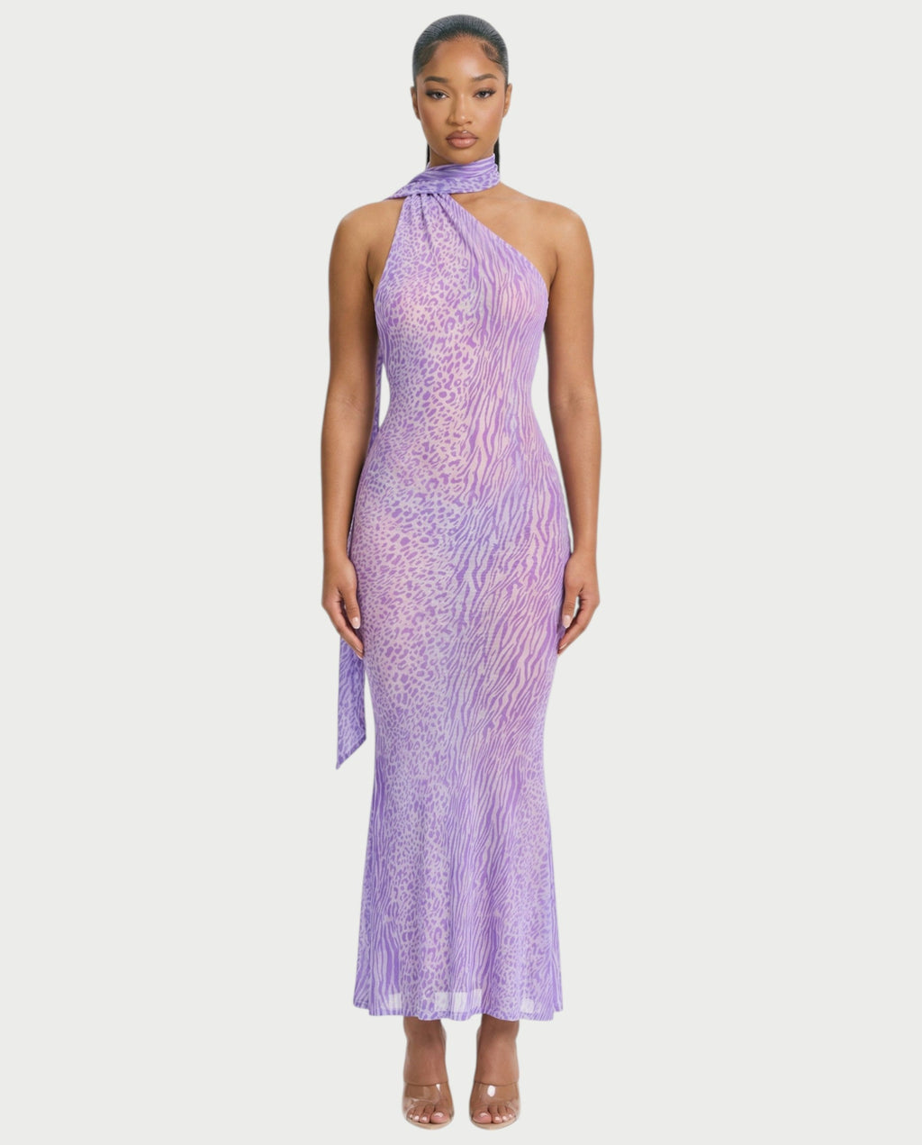 HAYANA Sheer Leopard Scarf Detail Backless Maxi Dress