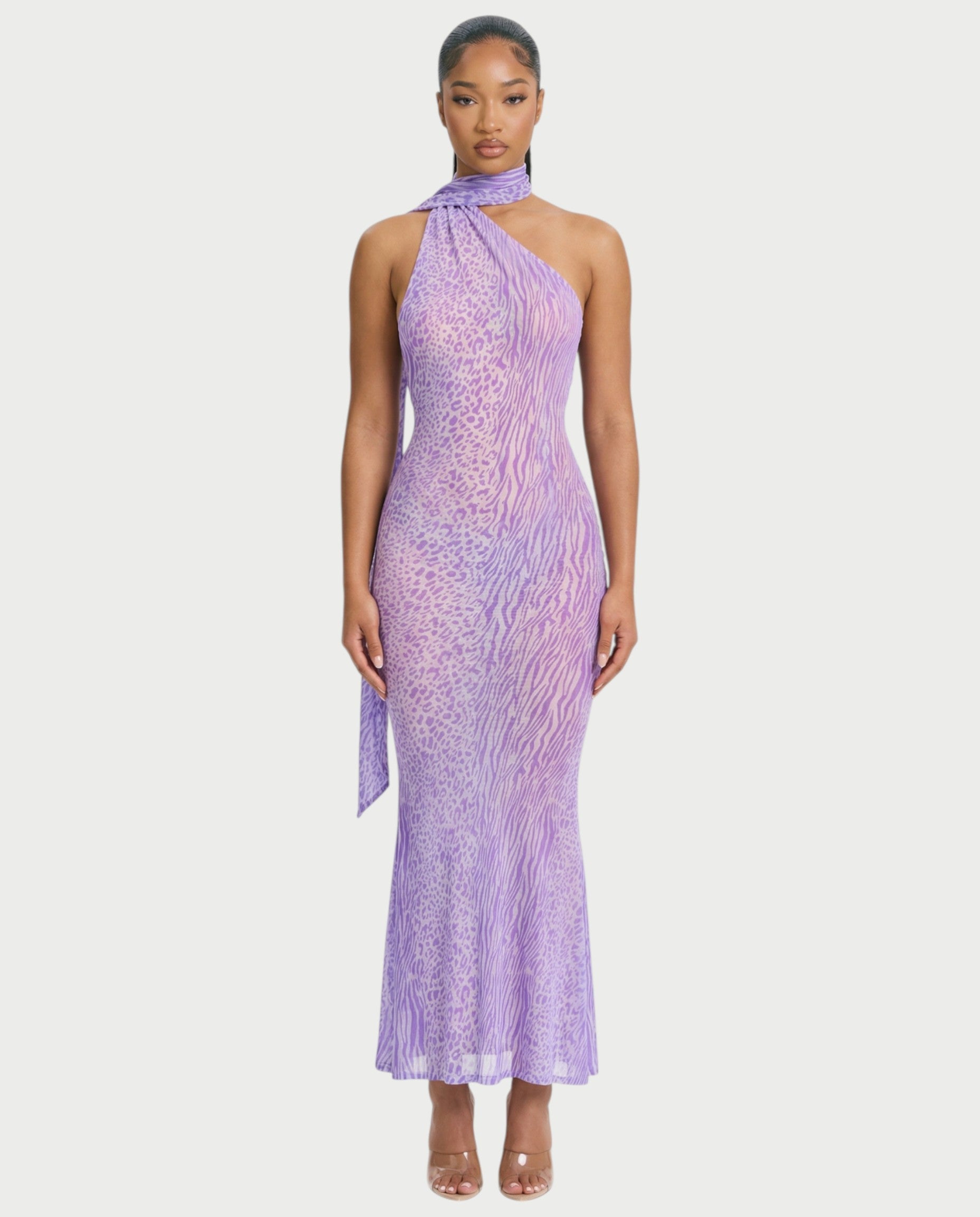 HAYANA Sheer Leopard Scarf Detail Backless Maxi Dress