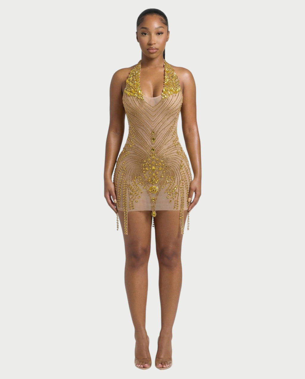 ZYRIL Halter Sheer Crystal Bodycon Mini Dress