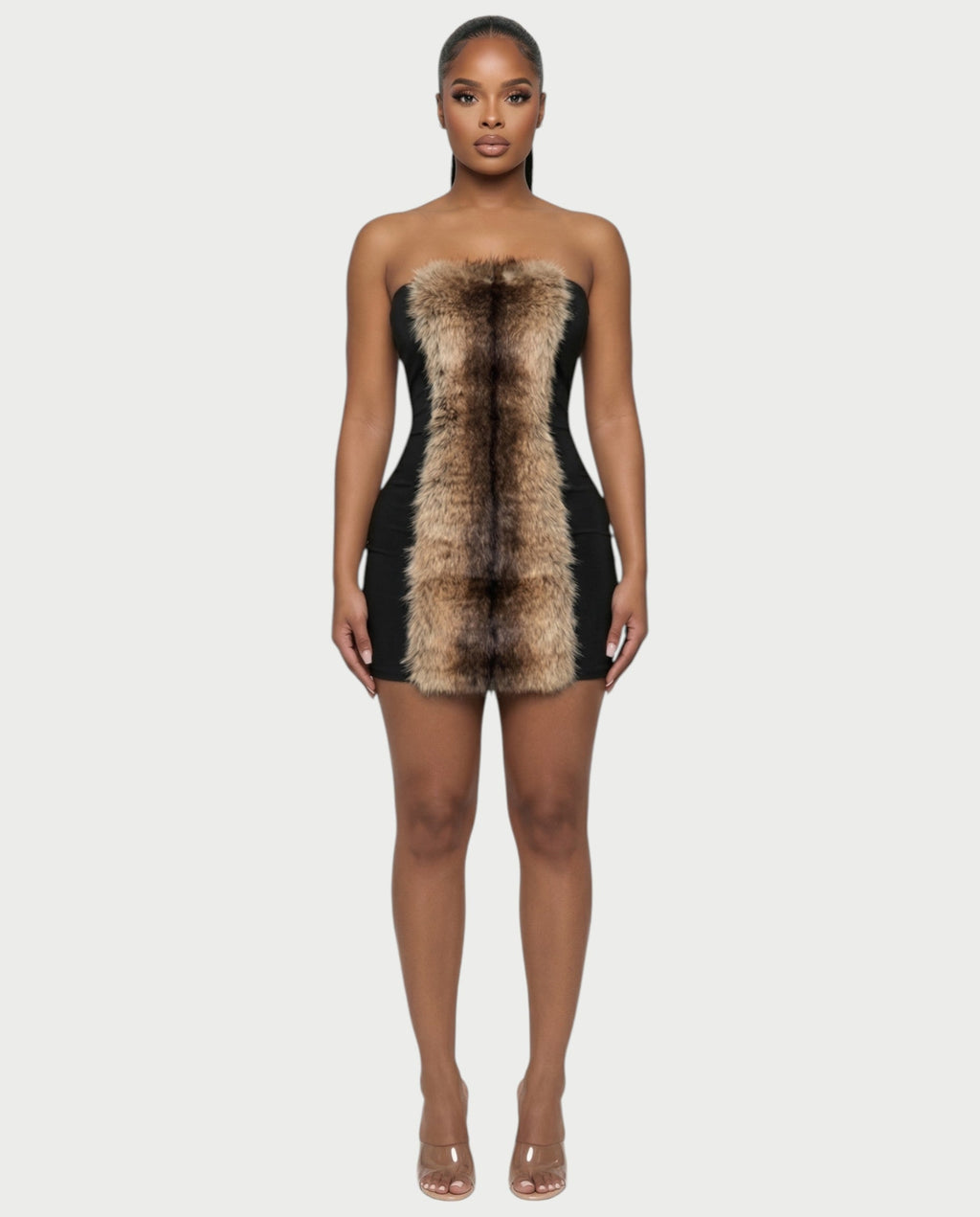 MINAYA Brown Faux-Fur Bodycon Mini Dress