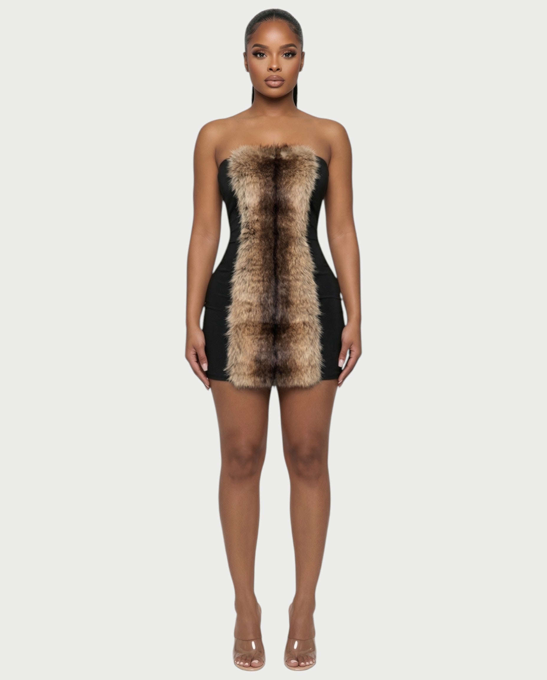 MINAYA Brown Faux-Fur Bodycon Mini Dress